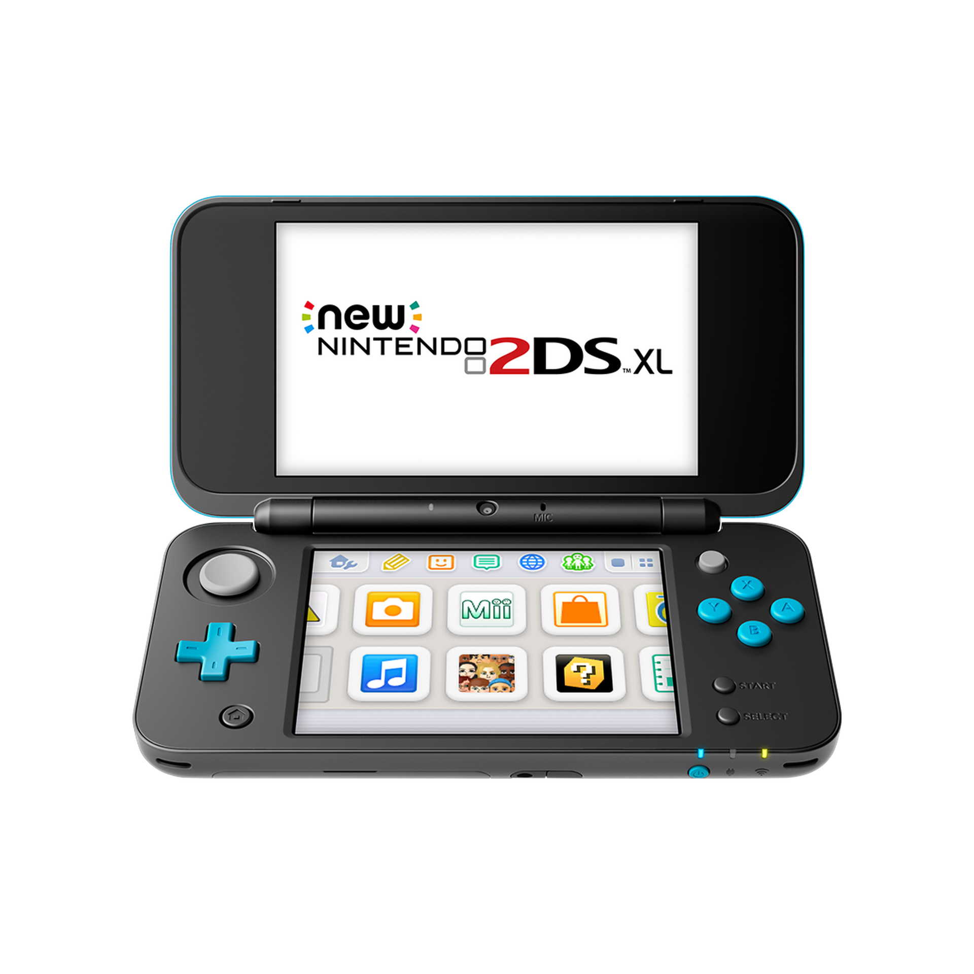 New Nintendo 2DS XL Black and Blue handheld console open on display, showing dual large screens and clamshell design. Sleek and lightweight system for 3DS and DS games in 2D.