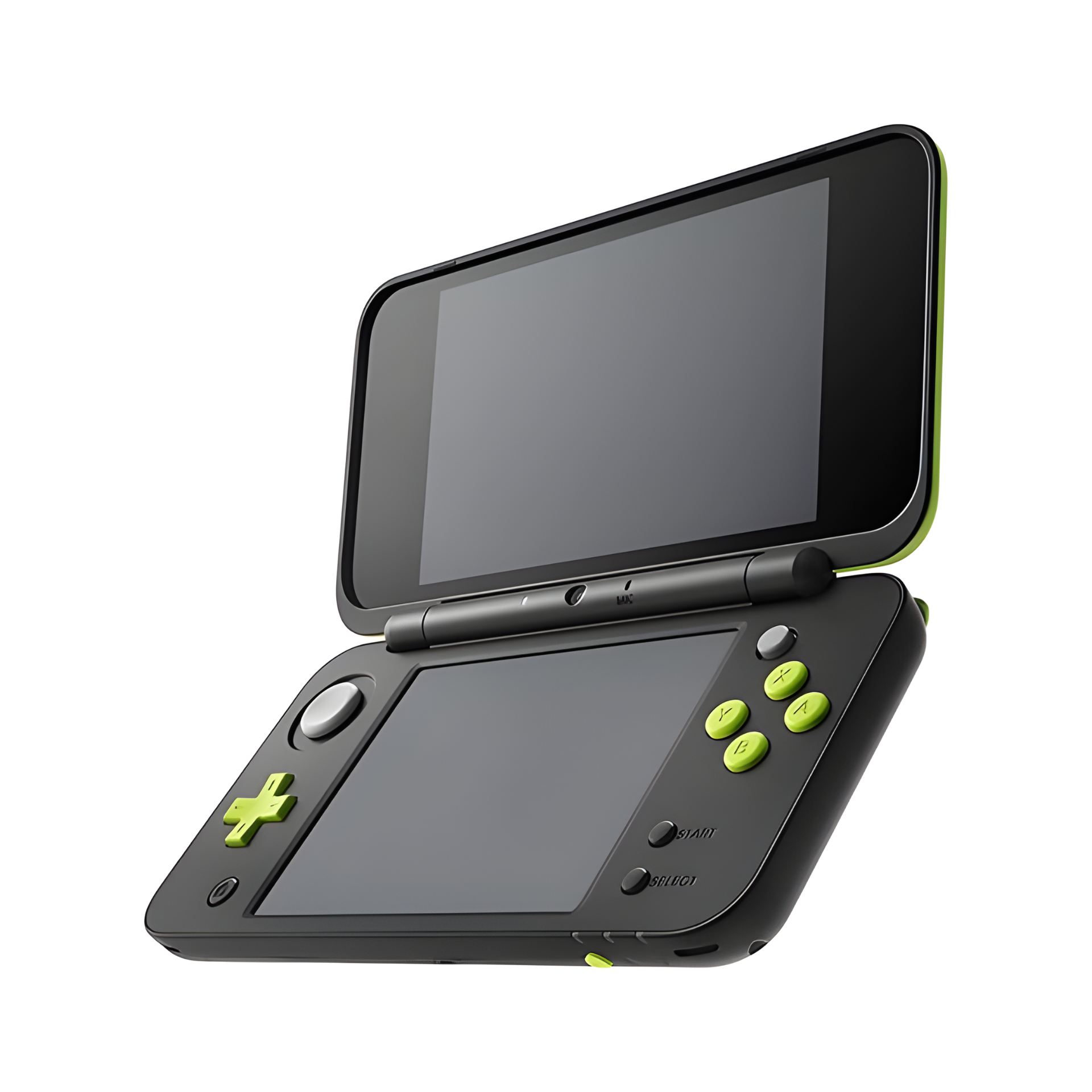 New Nintendo 2DS XL Black and Green handheld console with dual screens open, showing its sleek design and large display. Perfect for enjoying classic Nintendo 3DS and DS games in 2D.