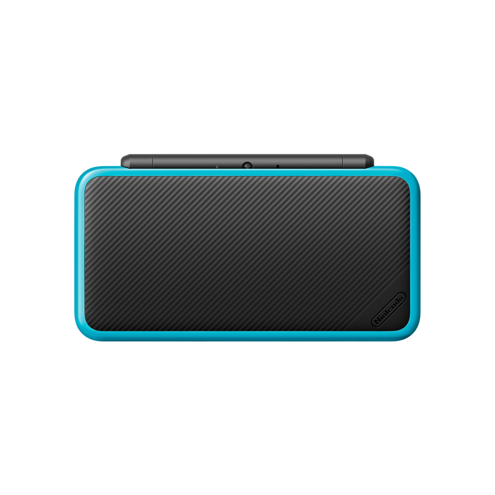 New Nintendo 2DS XL Black and Blue handheld console open on display, showing dual large screens and clamshell design. Sleek and lightweight system for 3DS and DS games in 2D.