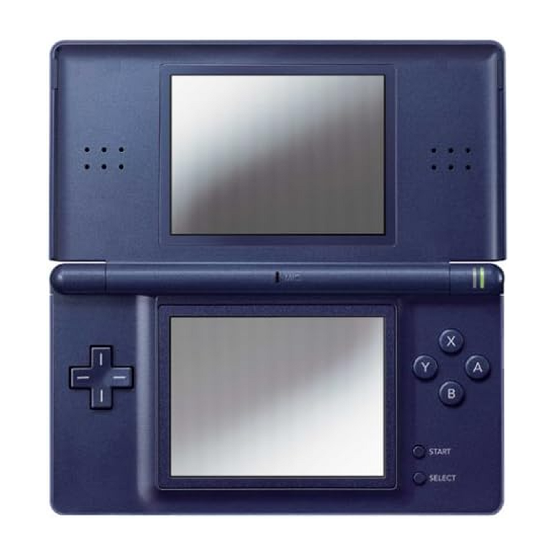 Image of Nintendo DS Lite Blue handheld console showing its navy blue finish, dual bright screens, and compact portable design.