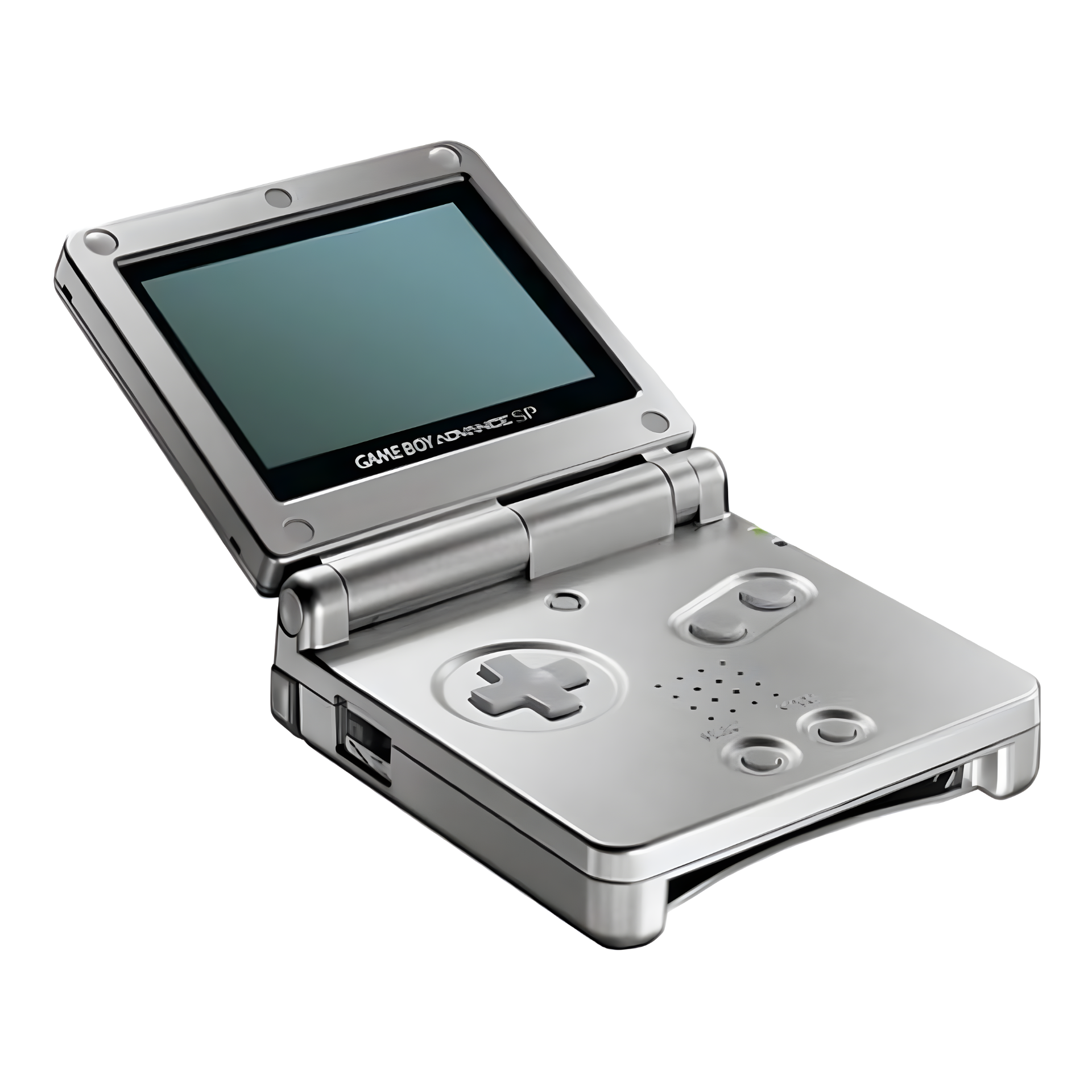 Image of Game Boy Advance SP Silver handheld console, featuring a clamshell design with screen open and controls visible in metallic silver finish.