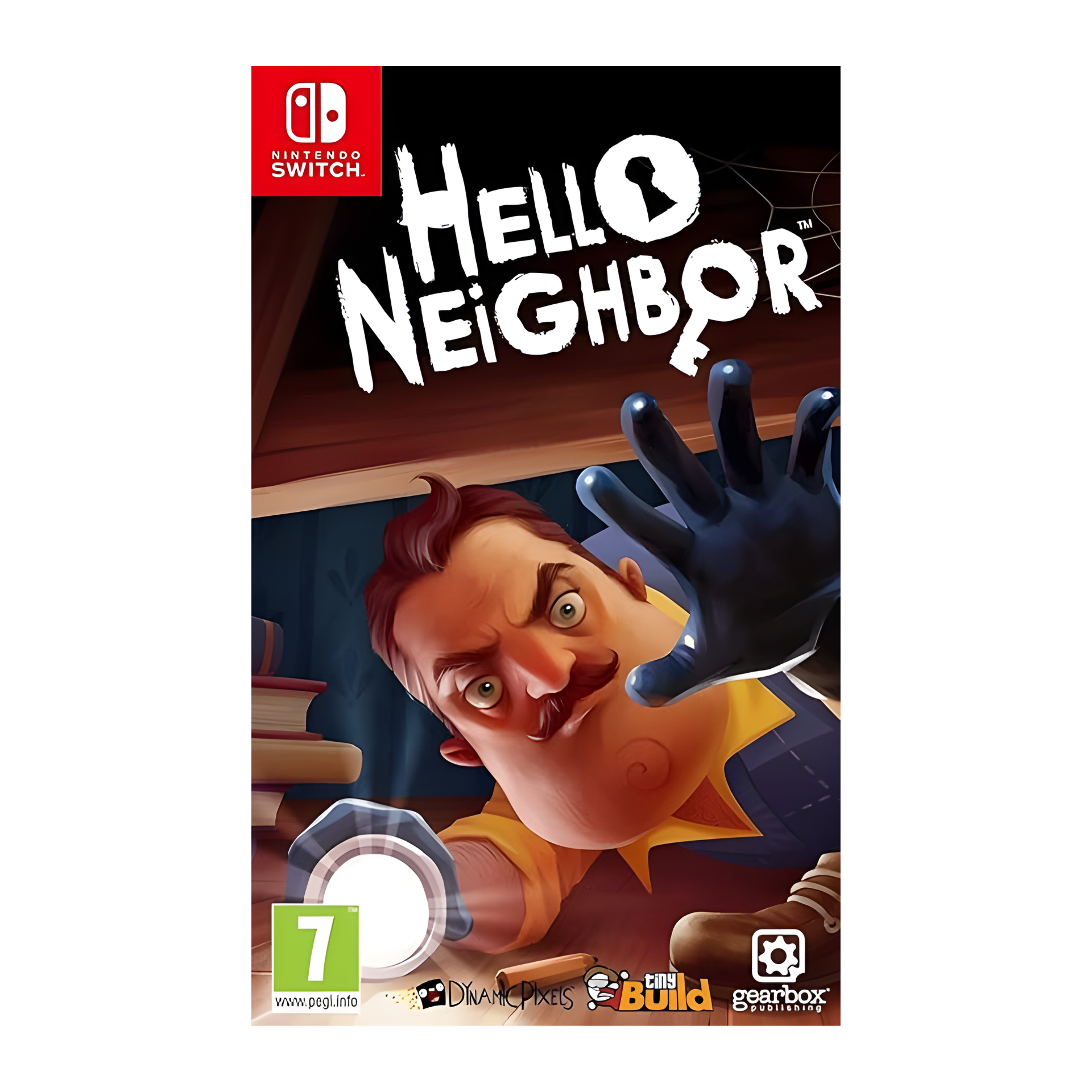 Cover art of Hello Neighbor Nintendo Switch, showing the suspicious Neighbor holding a shovel with his eerie house in the background under a dim sky.