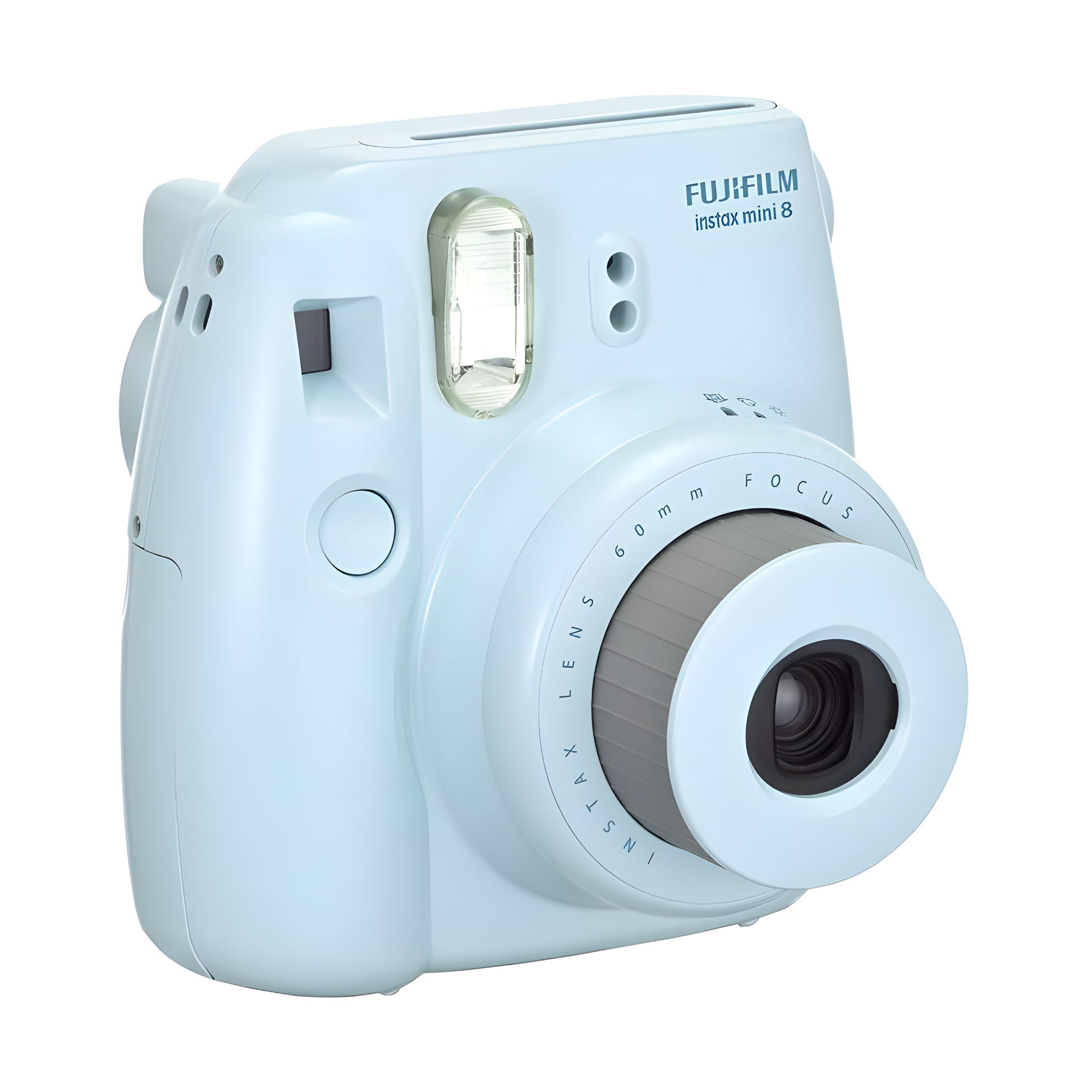 Image of Instax Mini 8 Blue instant camera showing its compact design, lens, brightness dial, and built-in flash for instant photo printing.