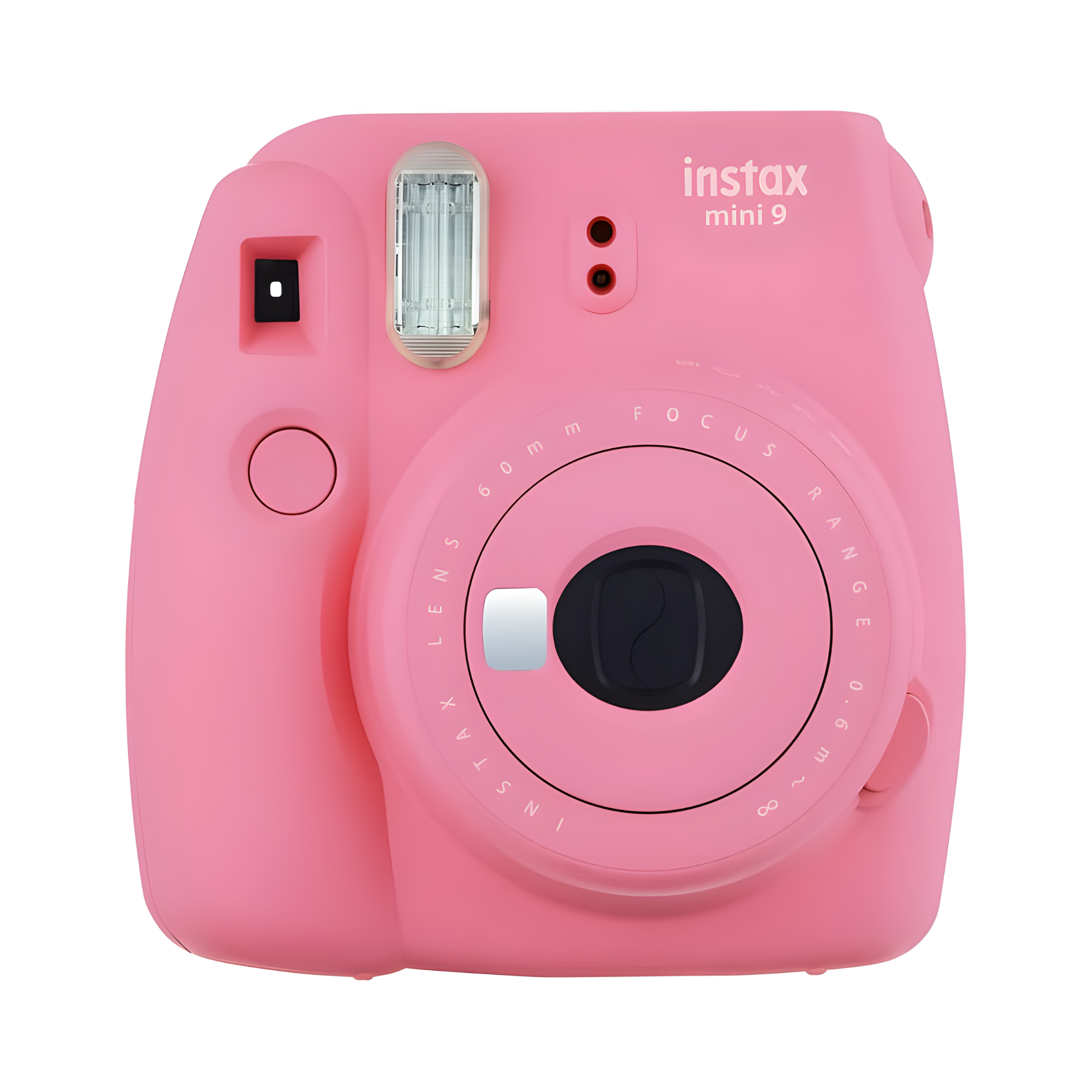 Image of Fujifilm Instax Mini 9 Pink Instant Camera showing its compact design with selfie mirror and close-up lens, ideal for instant photography lovers.