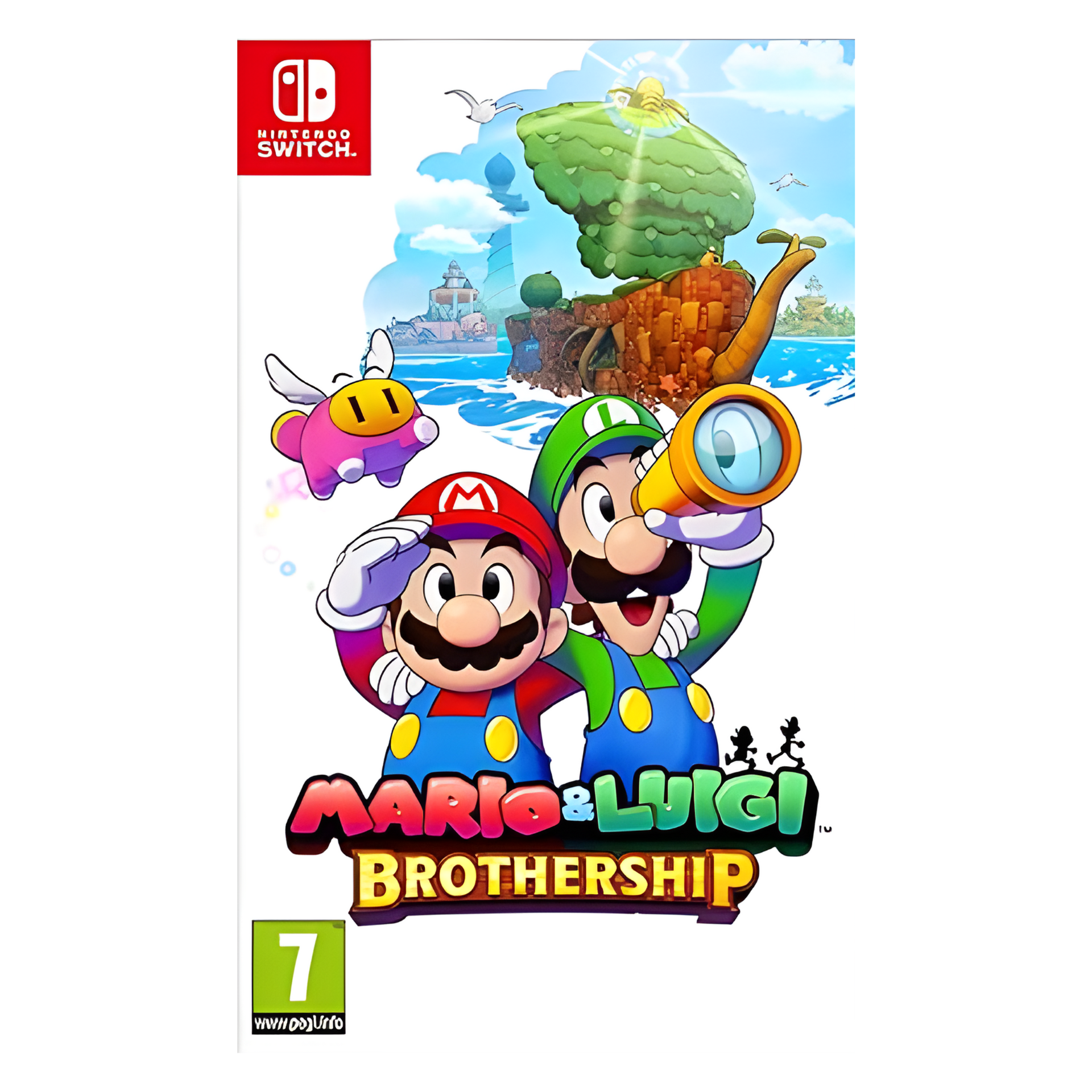 Cover art of Mario & Luigi: Brothership featuring Mario and Luigi aboard Shipshape Island, sailing through colorful landscapes with tropical islands, cities, and Mushroom Kingdom characters in the background.