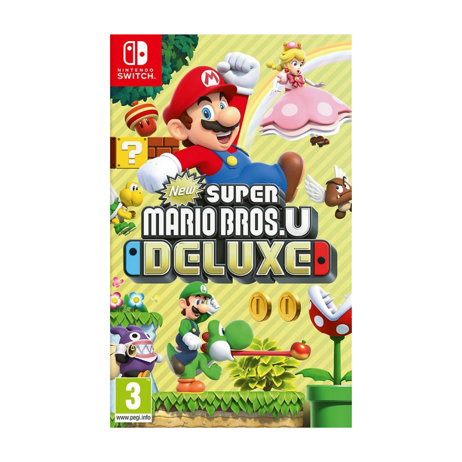 Cover art of New Super Mario Bros. U Deluxe for Nintendo Switch, featuring Mario, Luigi, Toadette, and Nabbit jumping across colorful worlds filled with coins, power-ups, and iconic enemies.