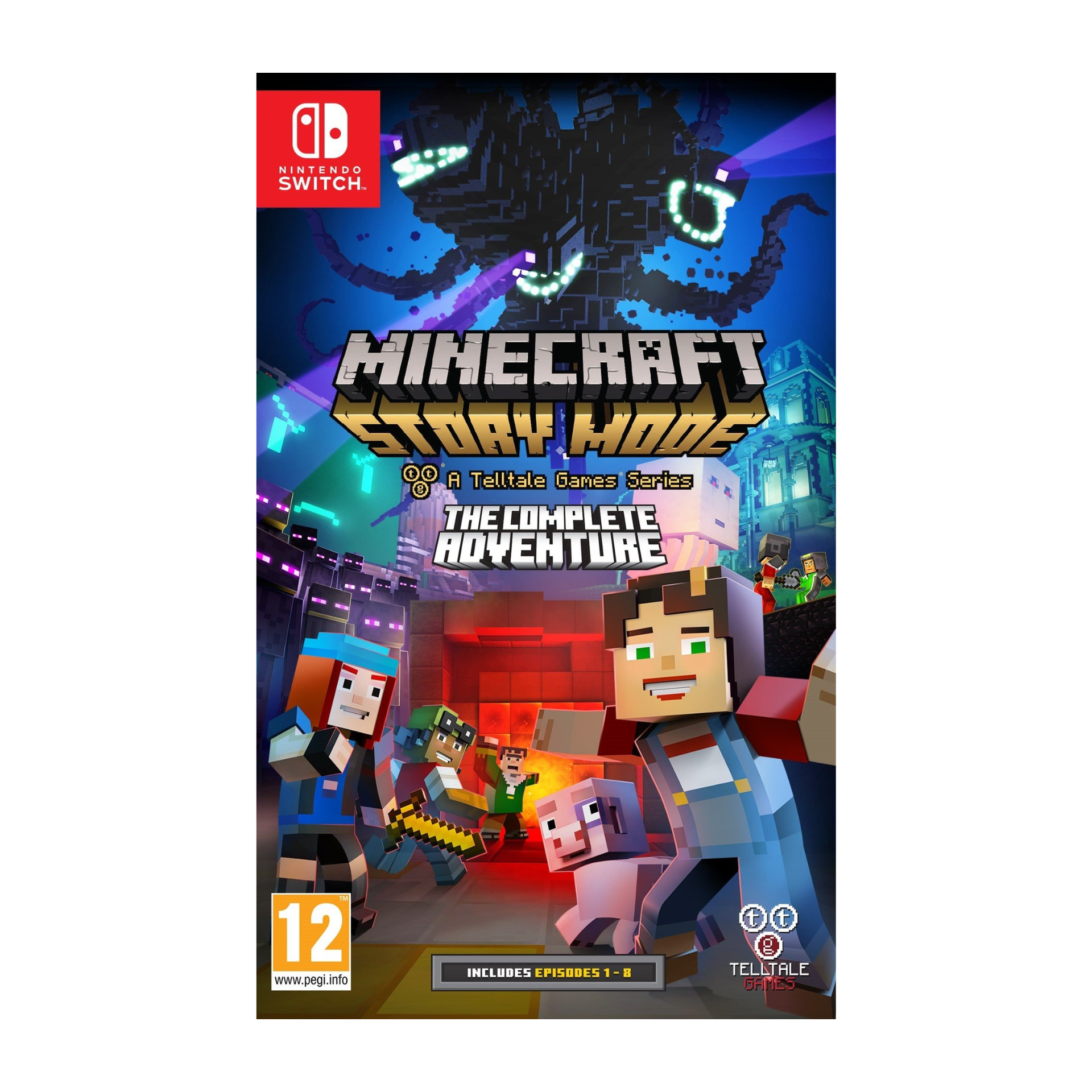 Minecraft Story Mode: The Complete Adventure Nintendo Switch game cover shown. Narrative-driven adventure featuring decision-based gameplay, episodic story, and immersive Minecraft worlds. Portable and engaging for fans of storytelling and creativity.