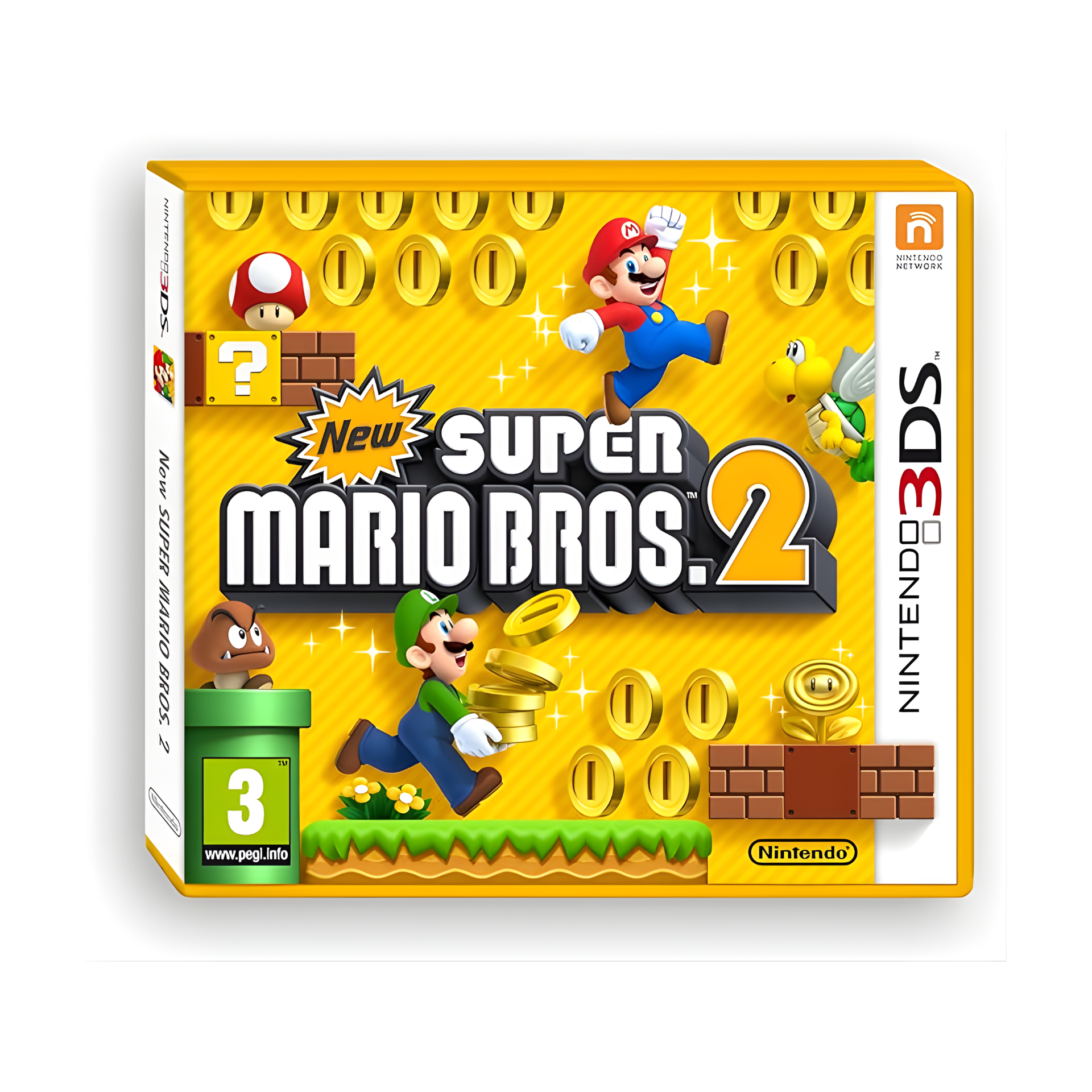 New Super Mario Bros. 2 Nintendo 3DS game cover showing Mario jumping through gold coins and colorful Mushroom Kingdom worlds.