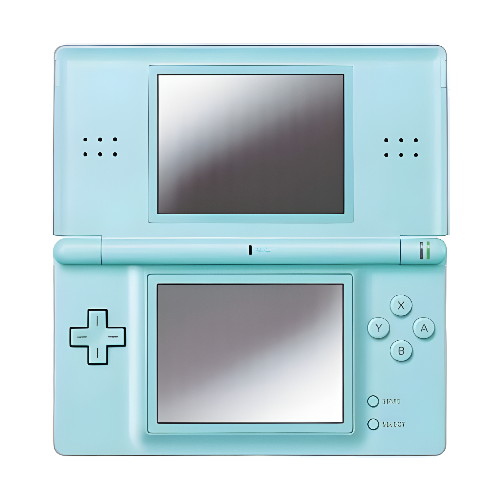 Nintendo DS Lite Turquoise handheld console open, showing dual screens and stylus, placed on a white background with clean lighting.