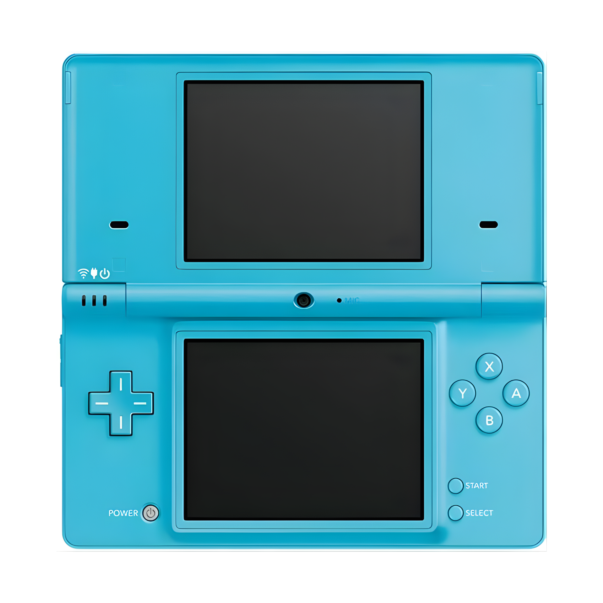 Nintendo DSi Blue handheld console open on a light background, showing dual screens, front camera, and stylus placed beside it. Matte blue finish and slim design highlighted.