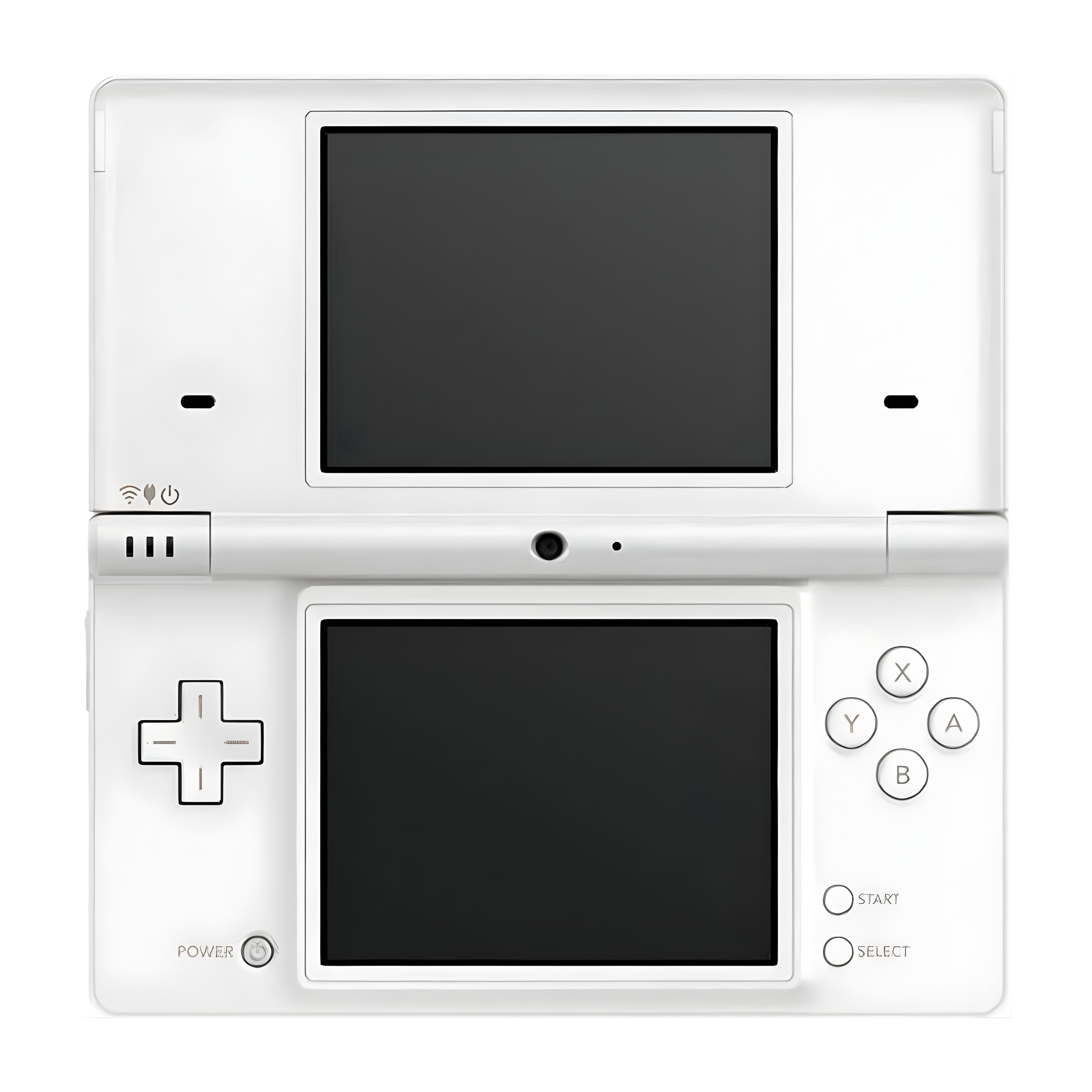 Nintendo DSi White handheld console open on a white surface, showing dual screens, front camera, and matte white finish with stylus placed beside it.