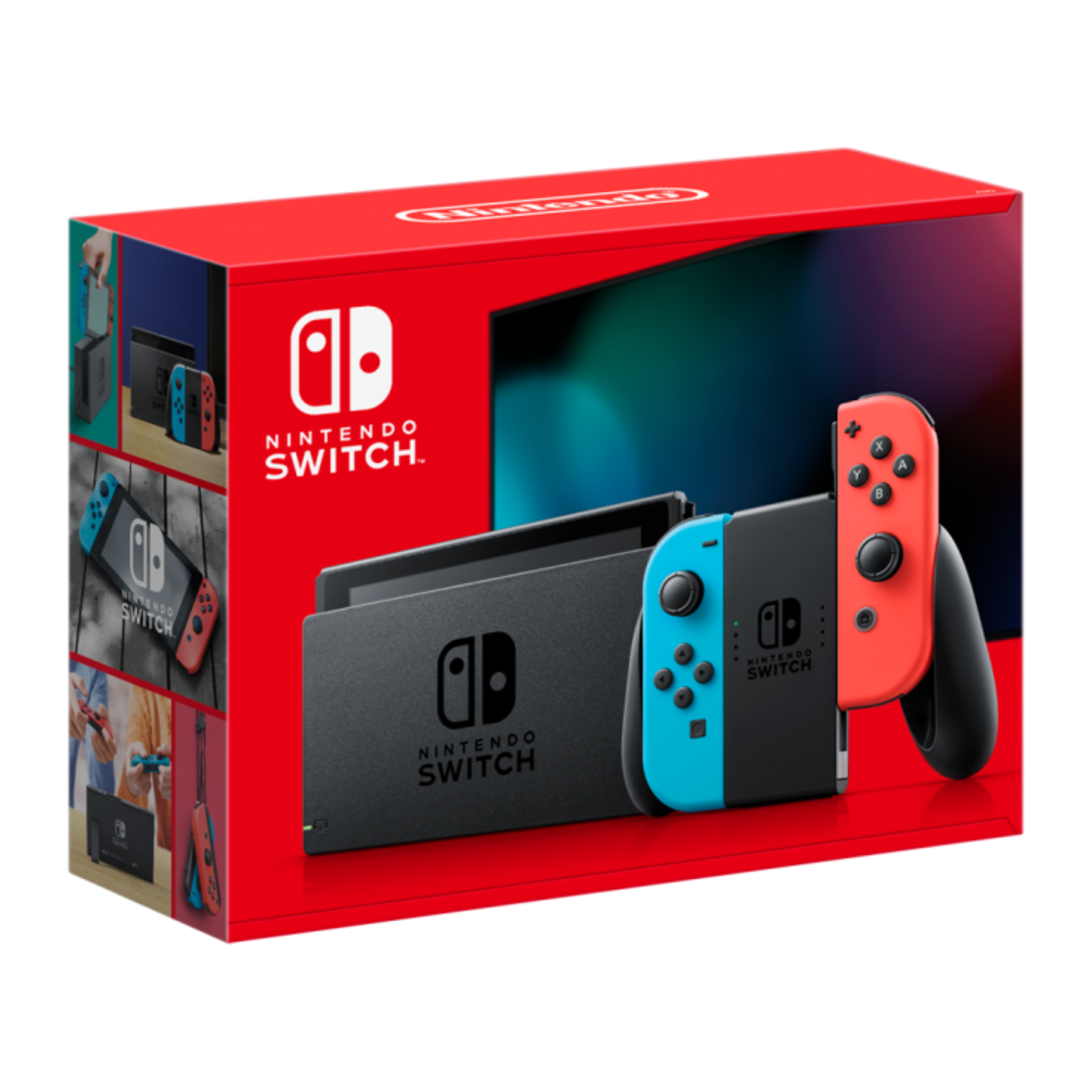 Nintendo Switch 32GB console in Neon Red and Blue shown boxed with dock, official charger, HDMI cable, and Joy-Con grip. Hybrid gaming system for handheld, tabletop, and TV modes with expandable storage and vibrant display.