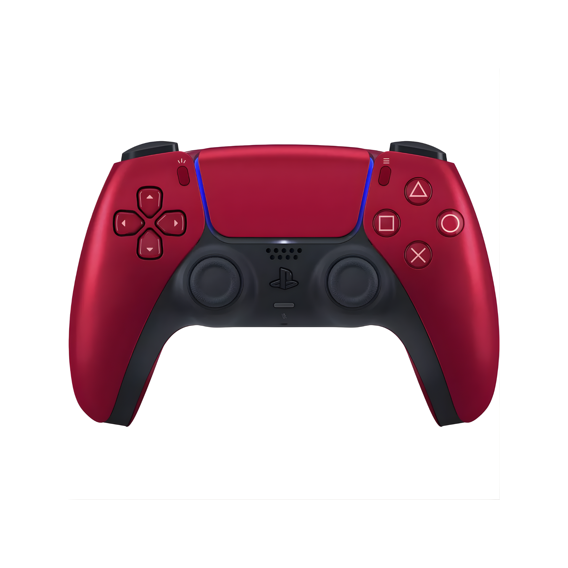 PlayStation 5 DualShock Controller in red, featuring wireless design, adaptive triggers, haptic feedback, and ergonomic comfort for PlayStation 5 gaming.