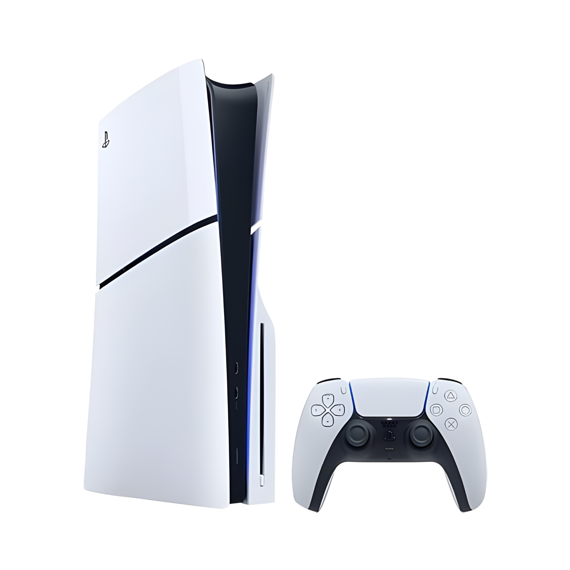 Sony PlayStation 5 Slim Disc Edition 1TB unboxed console in white with Blu-Ray drive and DualSense controller, featuring 4K gaming and Wi-Fi capability.