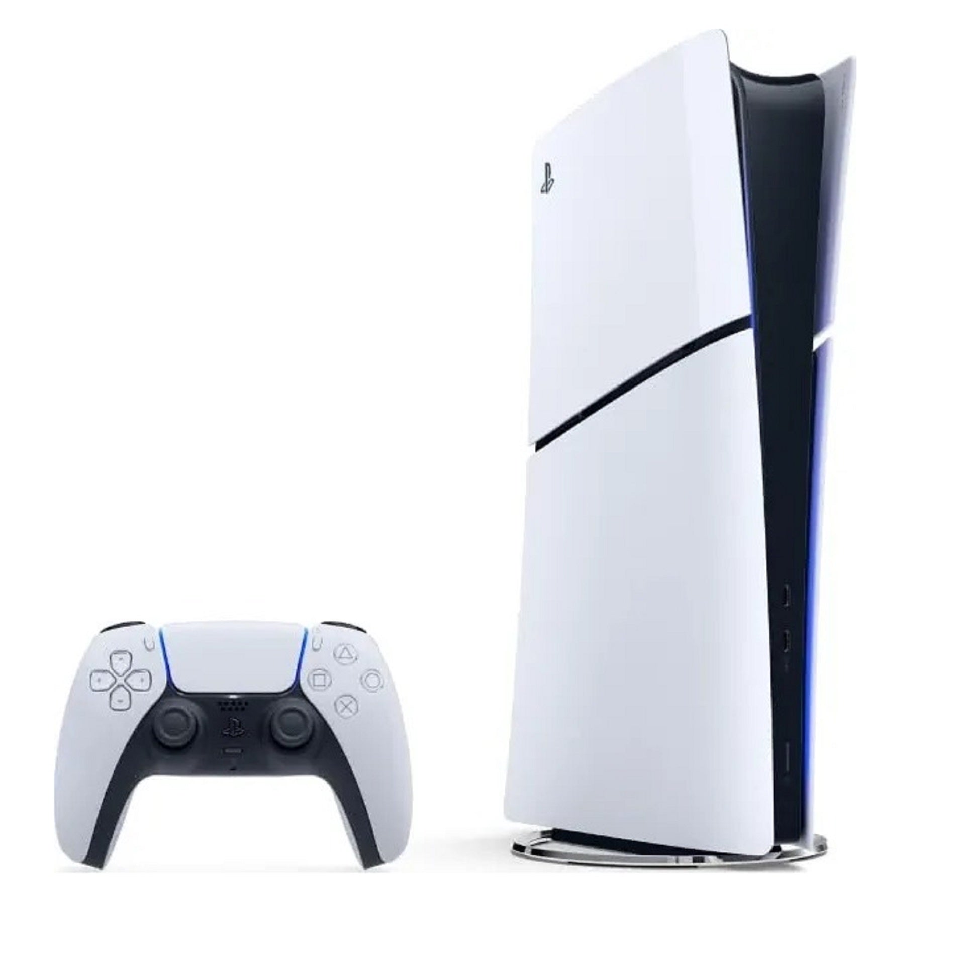 PlayStation 5 1TB Slim Version unboxed console with DualSense controller shown. Sleek white next-gen gaming system featuring 1TB SSD, ultra-fast performance, and compact design for smooth 4K gameplay.