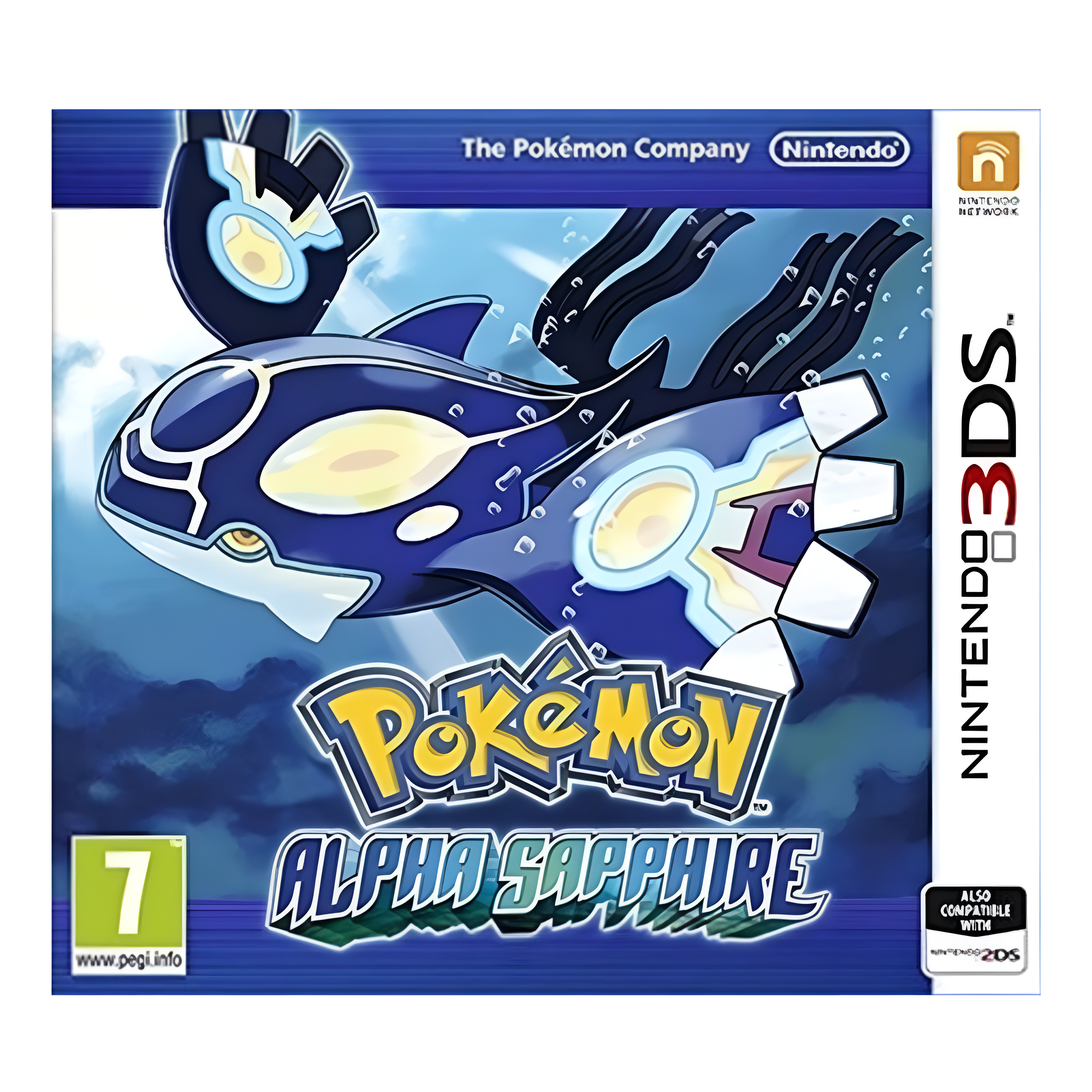 Cover art of Pokémon Alpha Sapphire for Nintendo 3DS featuring the Legendary Pokémon Kyogre swimming through a bright blue ocean background.
