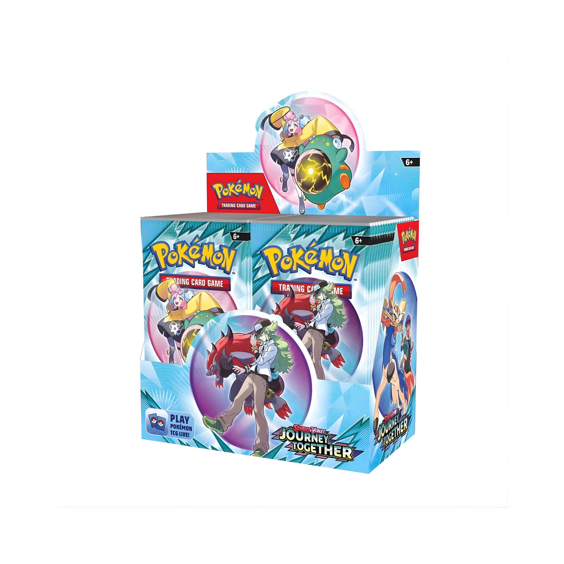 Pokémon Journey Together Booster Box with bright Scarlet & Violet artwork featuring iconic Pokémon and 36 sealed booster packs arranged neatly inside. Vibrant packaging design with dynamic battle-themed graphics.