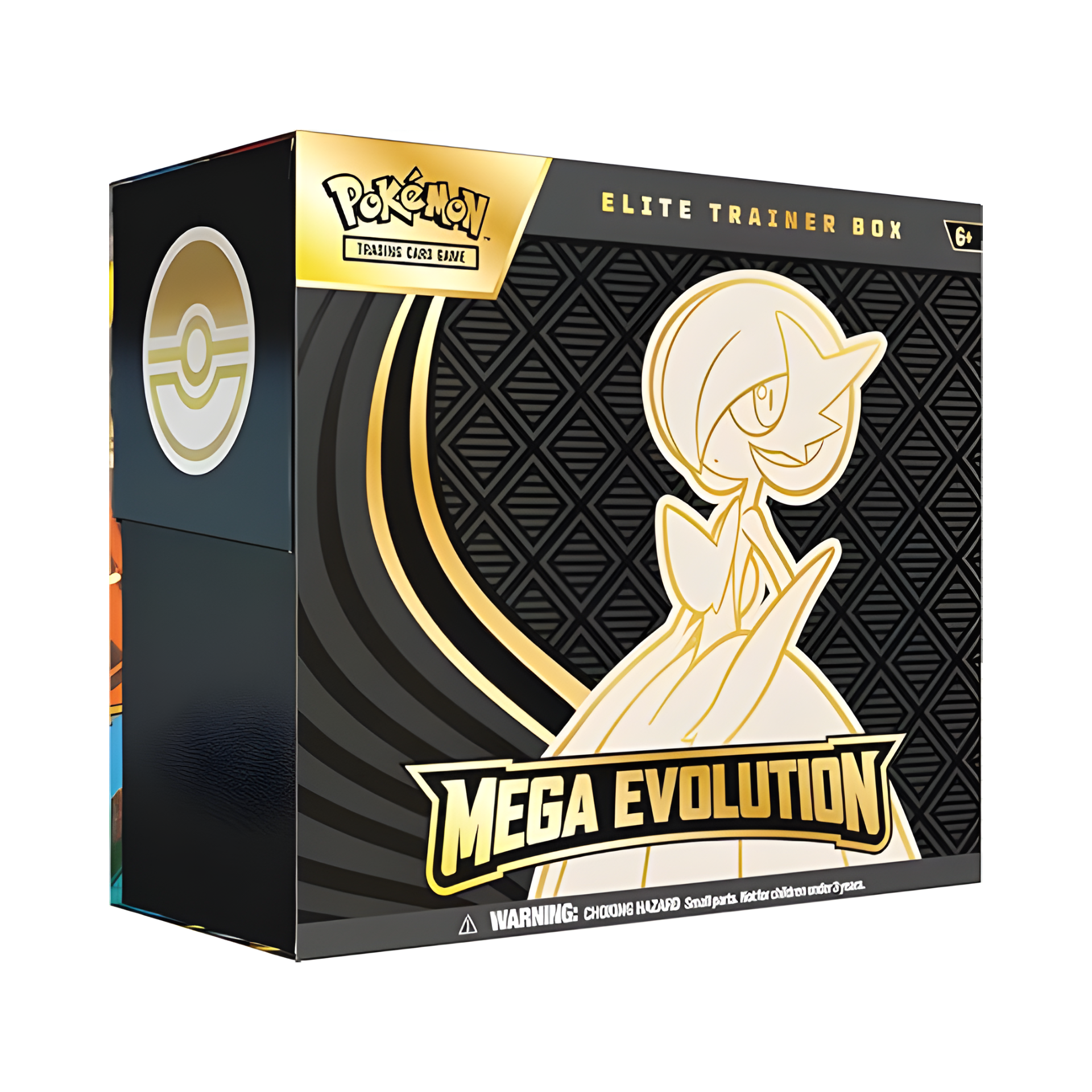 Pokémon Mega Evolutions Elite Trainer Box featuring bold artwork of Mega Lucario and Mega Gardevoir. The box is displayed with booster packs, dice, sleeves, and promo card arranged neatly on a clean white background.