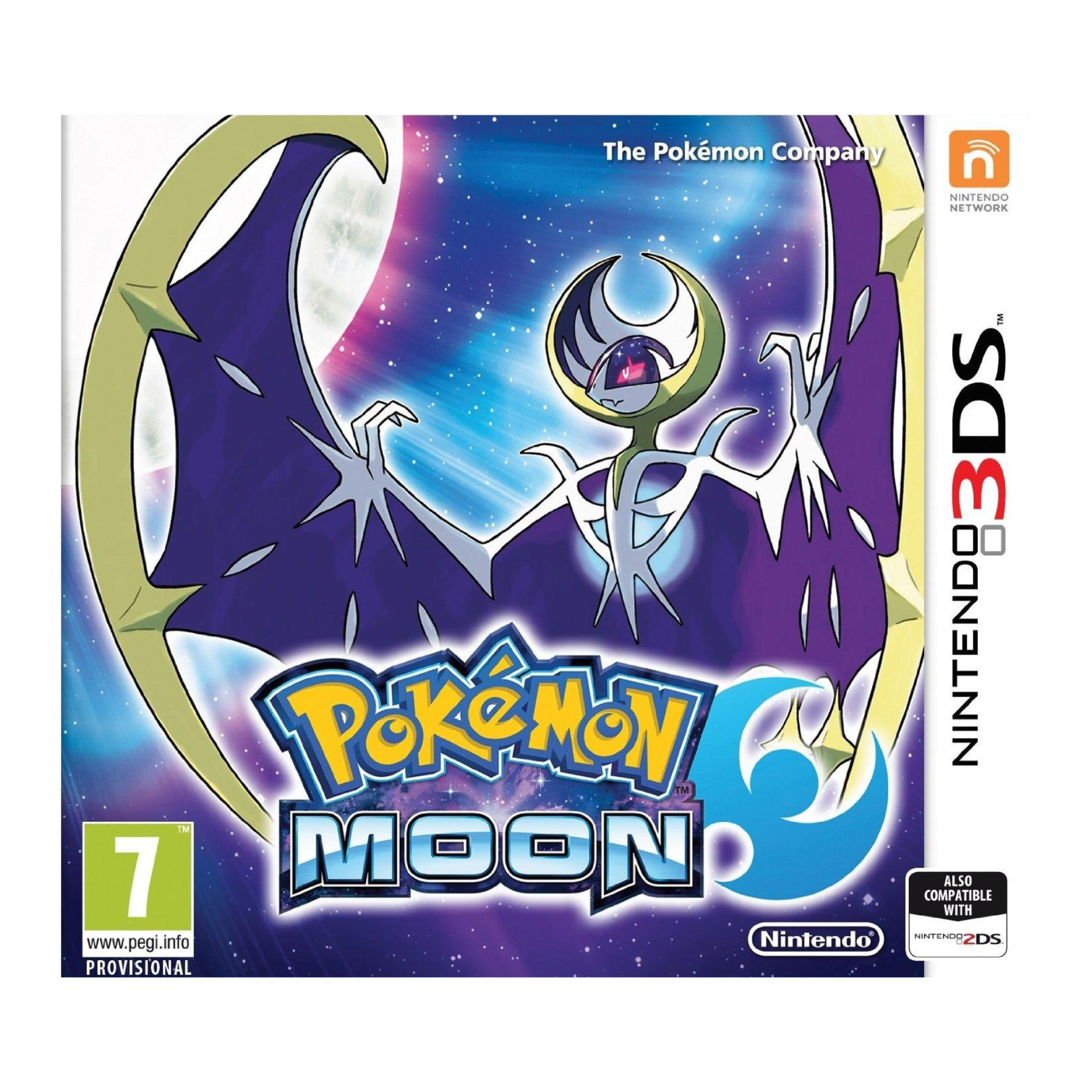 Box art of Pokémon Moon for Nintendo 3DS featuring the legendary Pokémon Lunala with a glowing moon backdrop and Alola island theme.