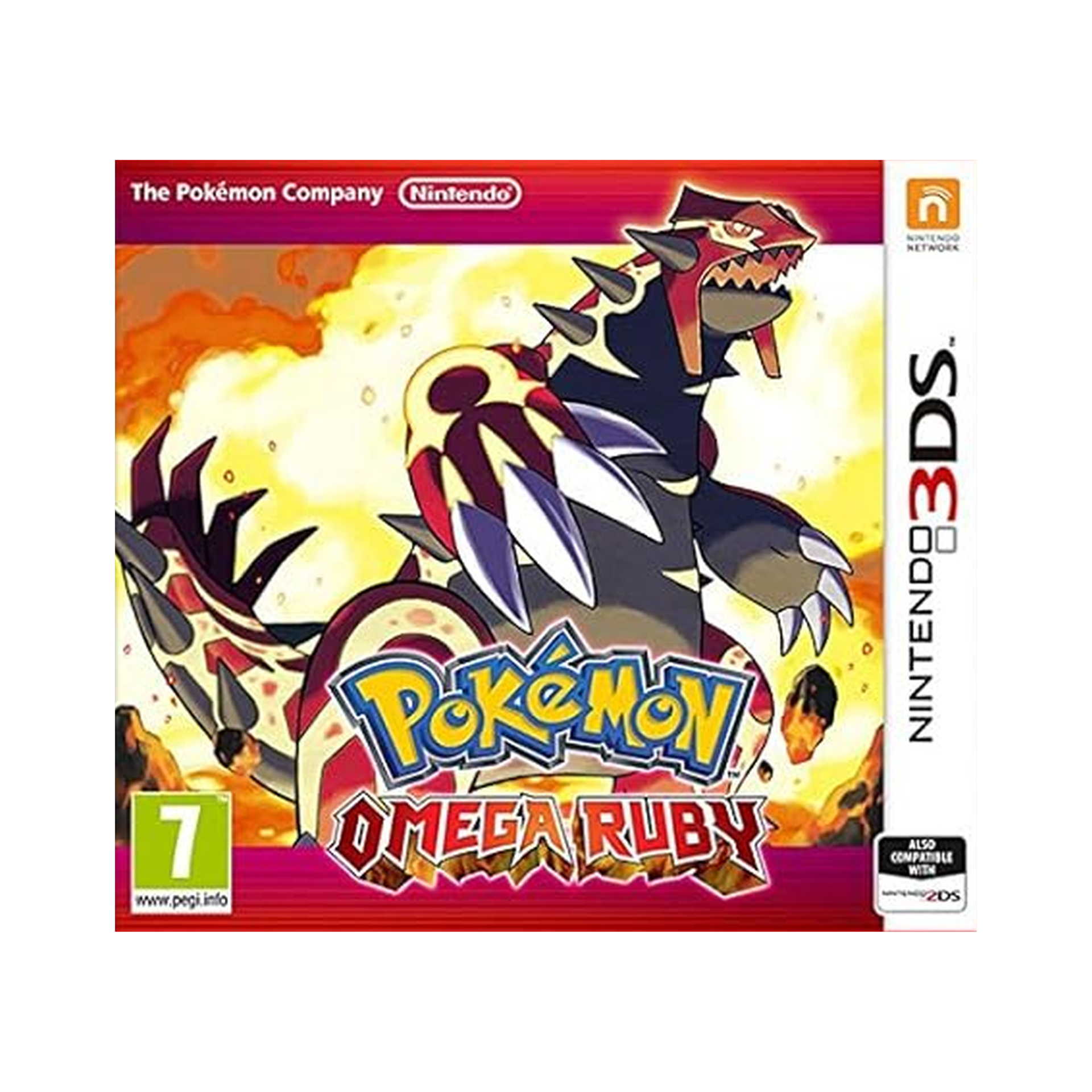 Cover art of Pokémon Omega Ruby for Nintendo 3DS featuring the Legendary Pokémon Groudon surrounded by glowing magma and fiery effects.
