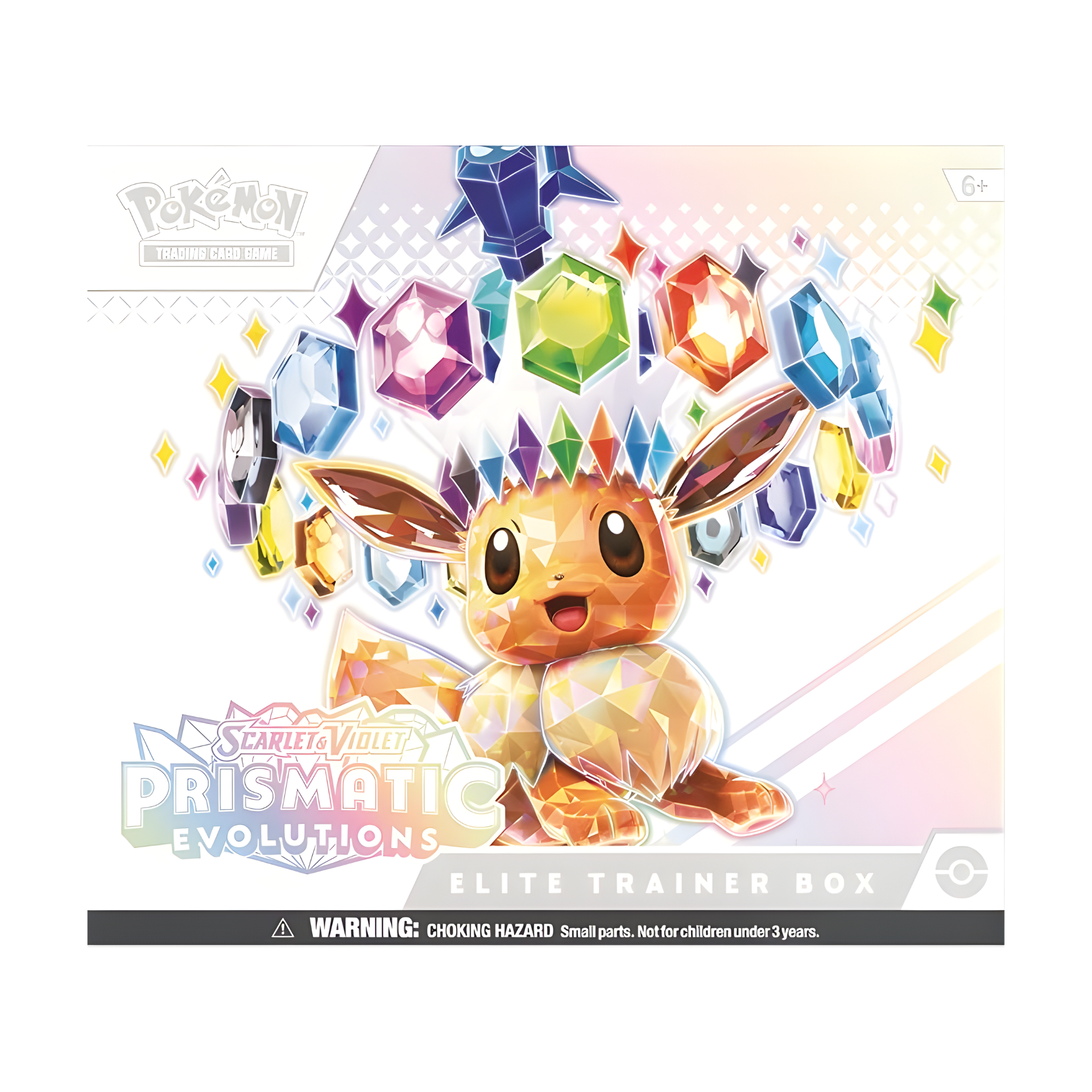 Pokémon Prismatic Evolutions Elite Trainer Box featuring Scarlet & Violet booster packs. Includes collectible cards with prismatic artwork for fans and TCG collectors.
