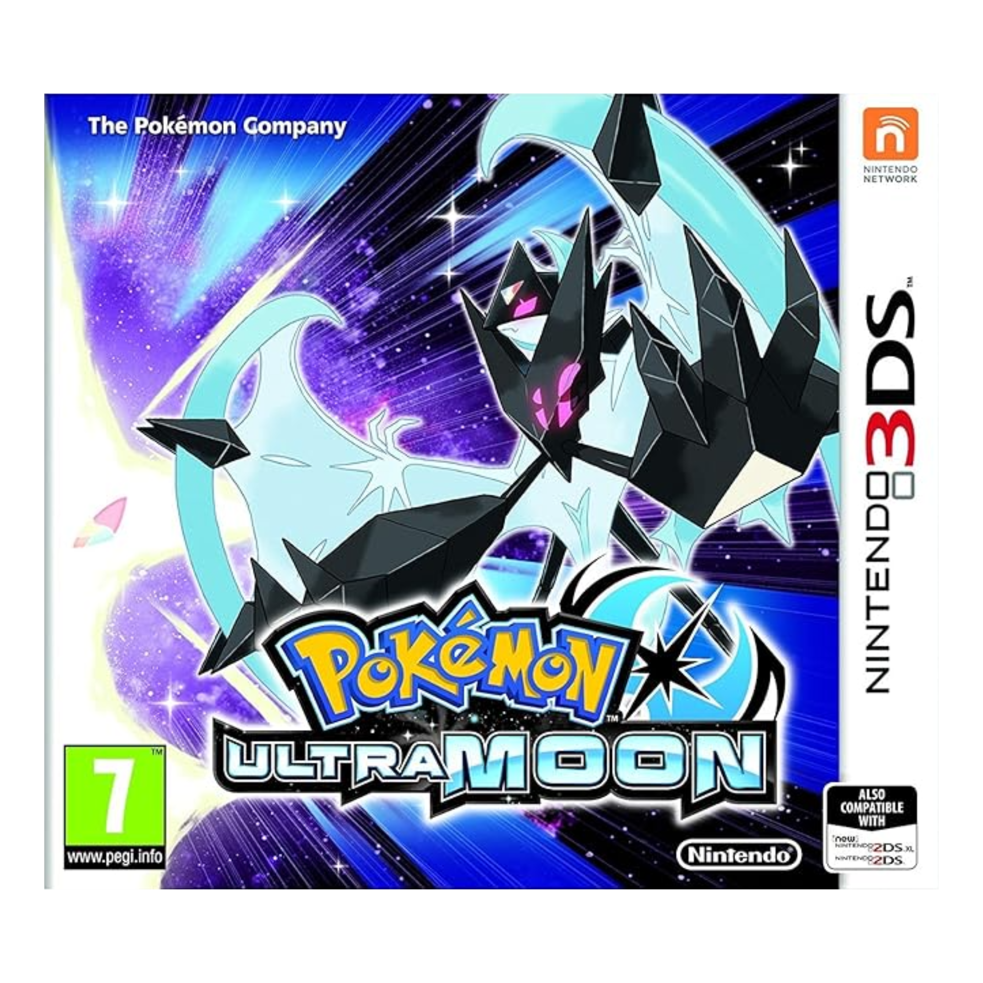 Box art of Pokémon Ultra Moon for Nintendo 3DS featuring the Legendary Pokémon Lunala against a cosmic purple and black background.