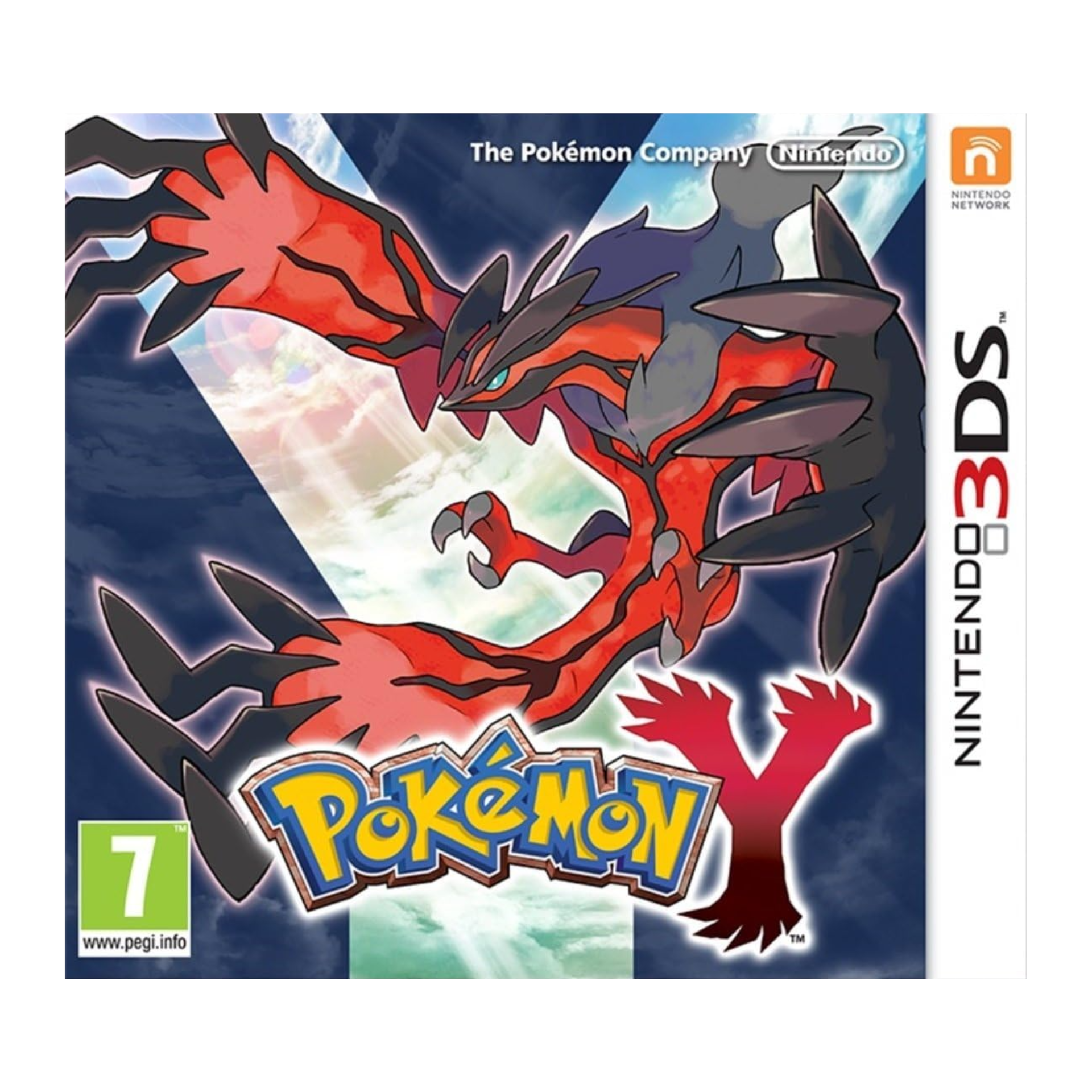Box cover of Pokémon Y for Nintendo 3DS featuring starter Pokémon Chespin, Fennekin, Froakie, Legendary Yveltal, and the Kalos Region in 3D.