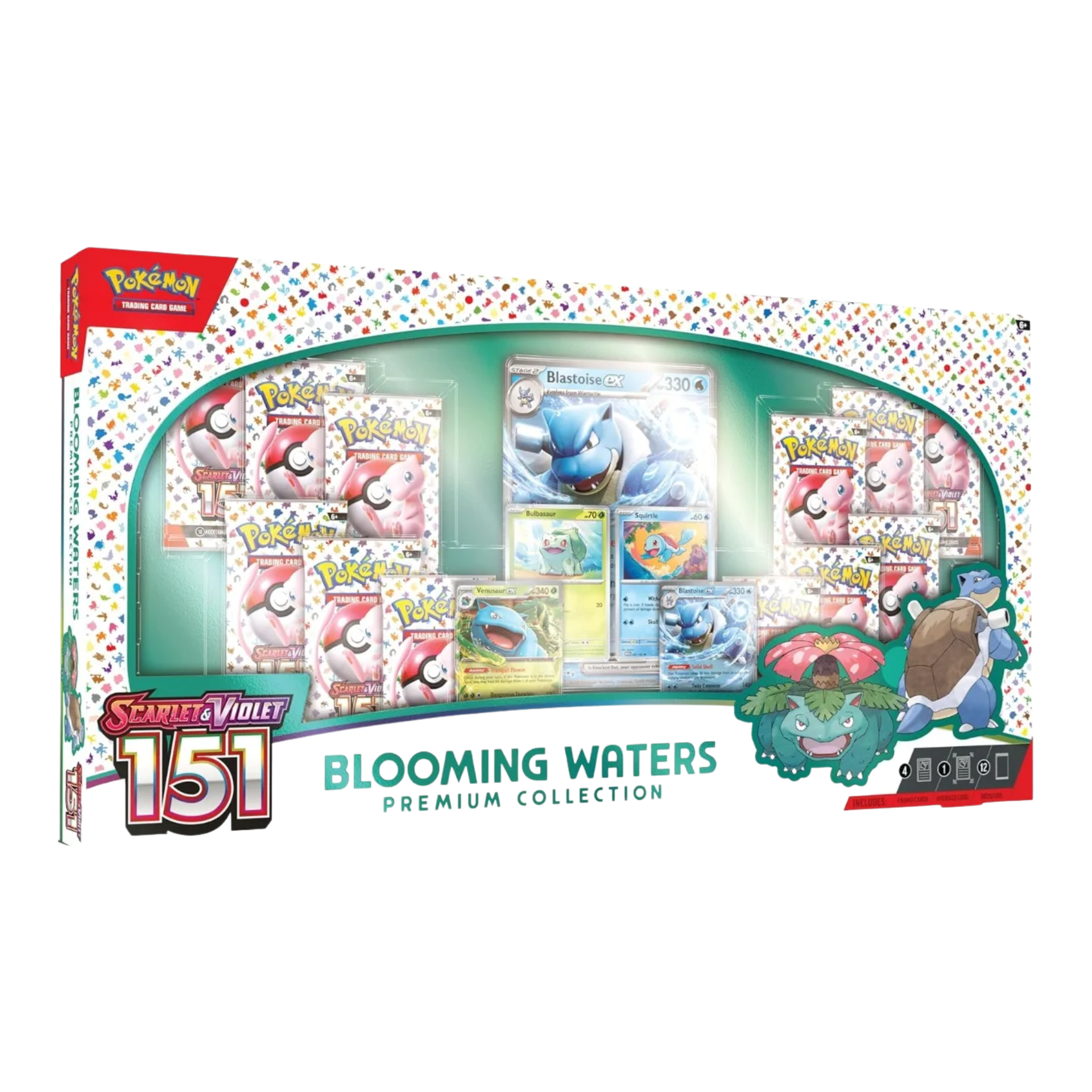 Pokémon 151 Blooming Waters Premium Collection Box featuring water-type Pokémon cards with unique abilities and artwork. A collectible expansion from the Scarlet & Violet—151 series for fans and TCG players.