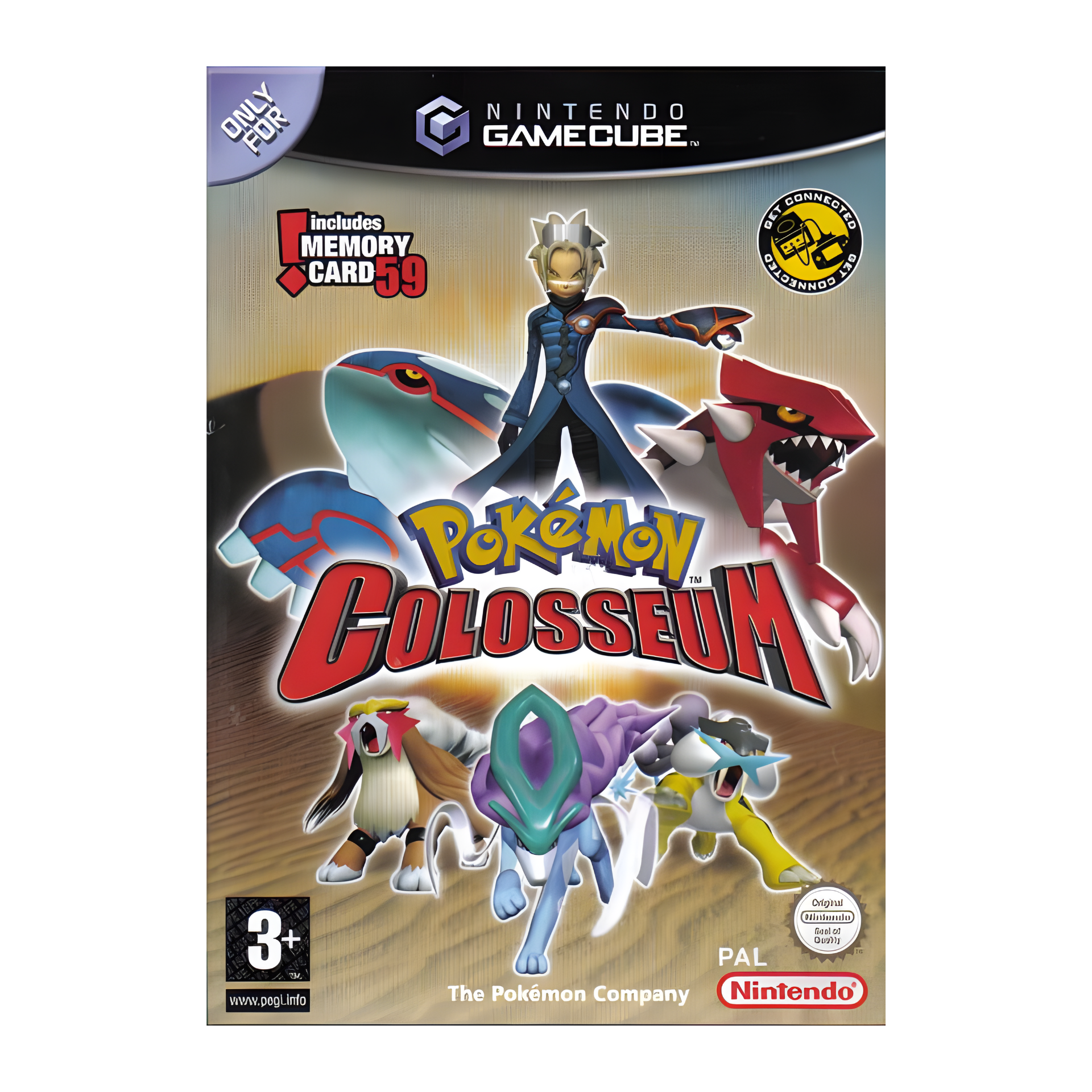 Cover art of Pokémon Colosseum featuring legendary Pokémon Espeon and Umbreon with the main hero and a futuristic desert backdrop.