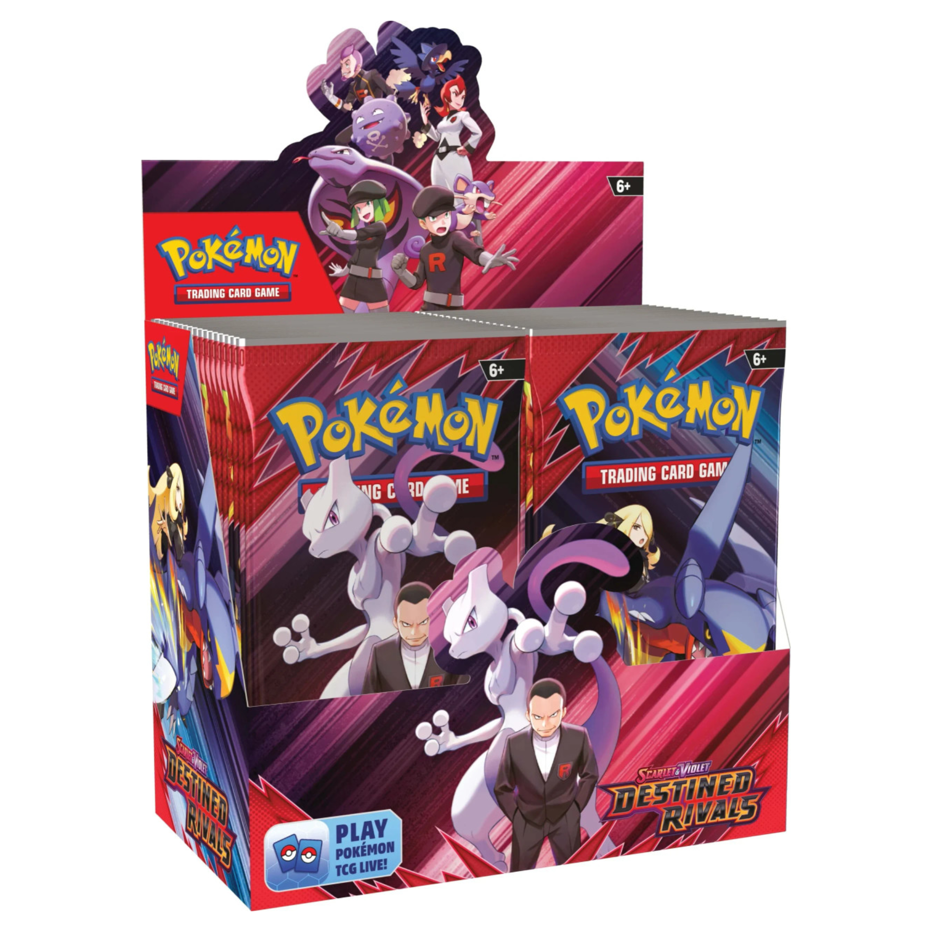 Pokémon Scarlet & Violet – Destined Rivals Booster Box with colorful artwork of featured Pokémon like Mewtwo, Ho-Oh, and Garchomp. Sealed packs displayed neatly inside the box on a clean white background.
