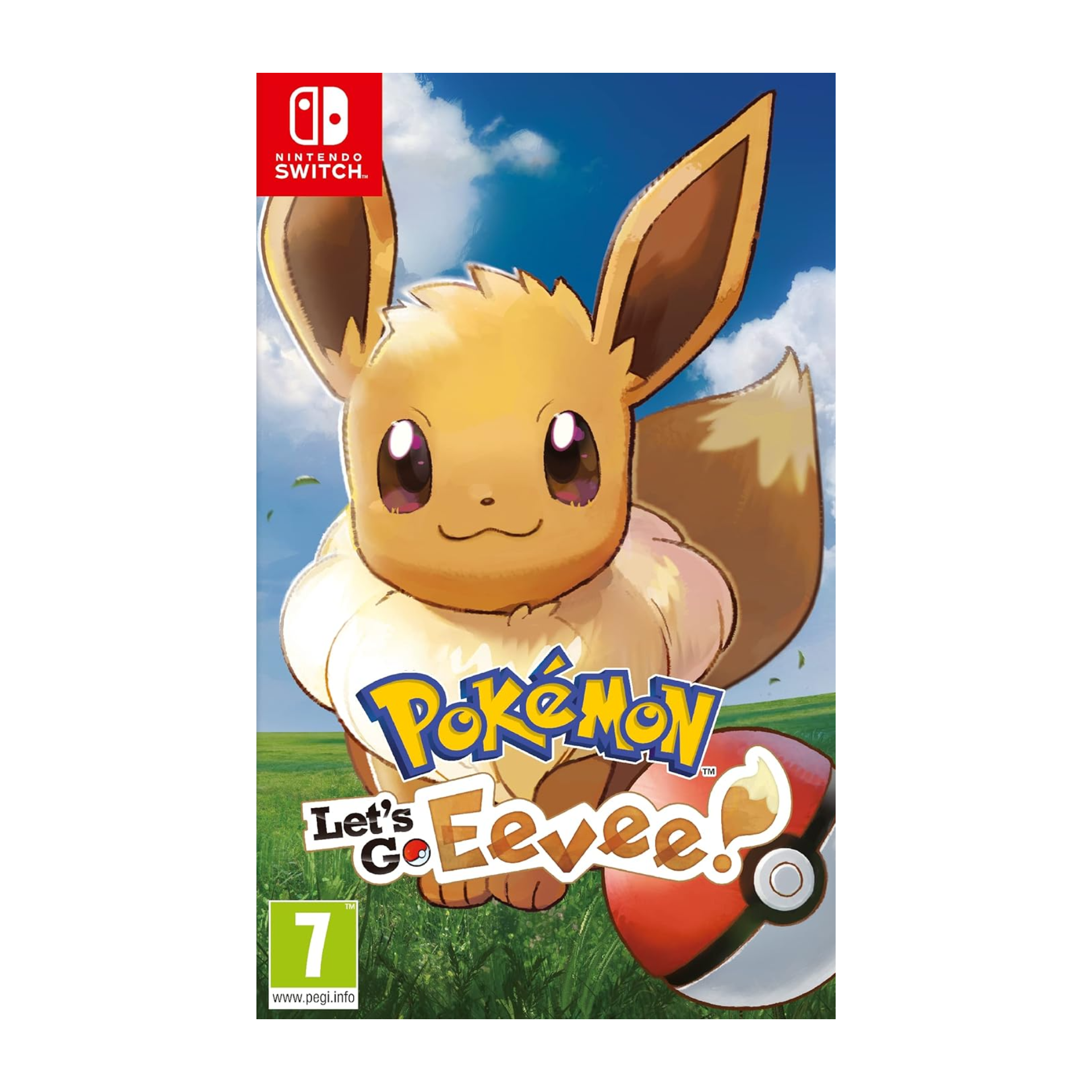 Pokemon Let's Go Eevee Nintendo Switch game cover shown. Role-playing game featuring Eevee as a companion, classic Pokémon mechanics, intuitive catching controls, and exploration of the Kanto region. Suitable for new and experienced trainers.