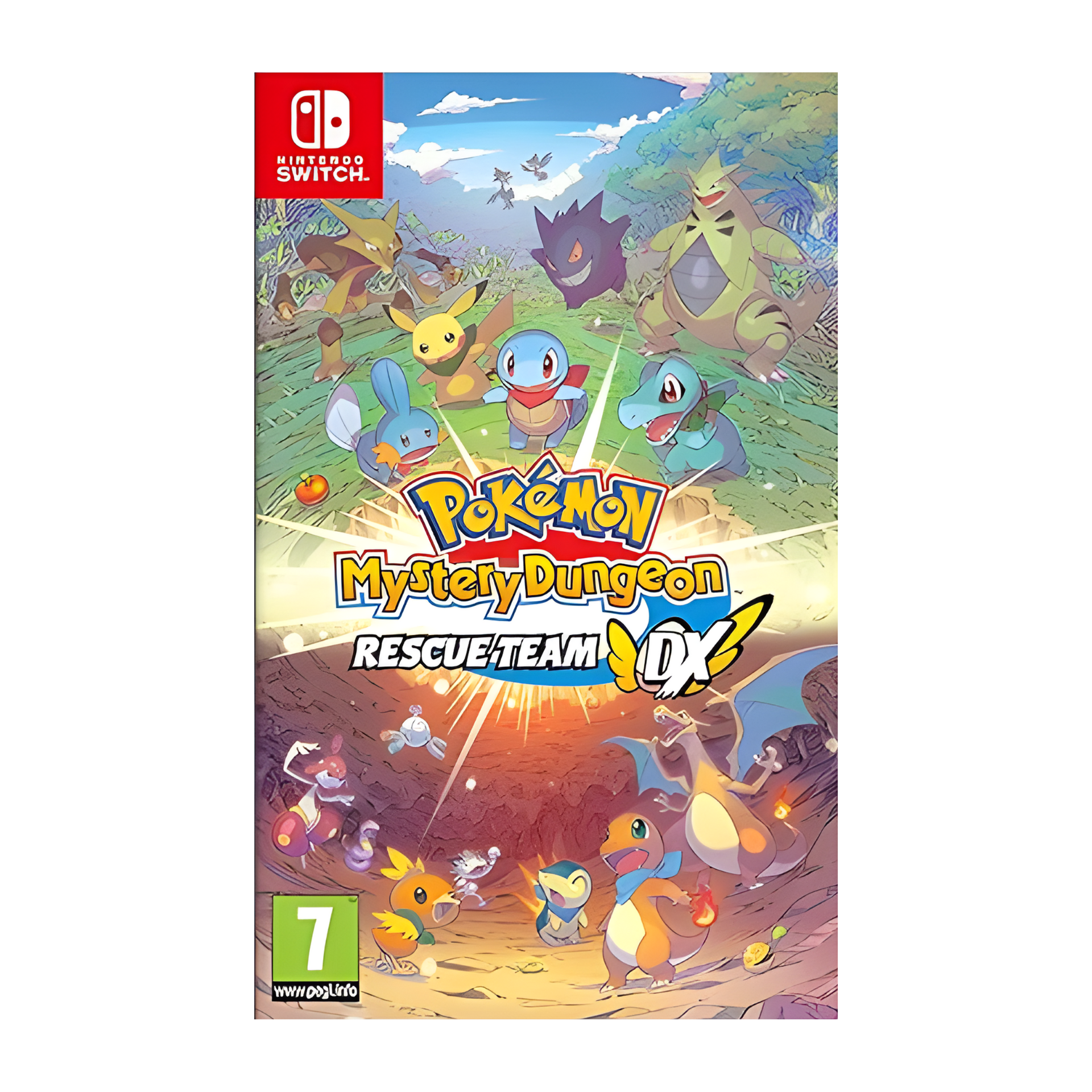 Cover art for Pokémon Mystery Dungeon: Rescue Team DX showing Pokémon characters like Pikachu and Eevee exploring colorful dungeons in watercolor-style graphics.