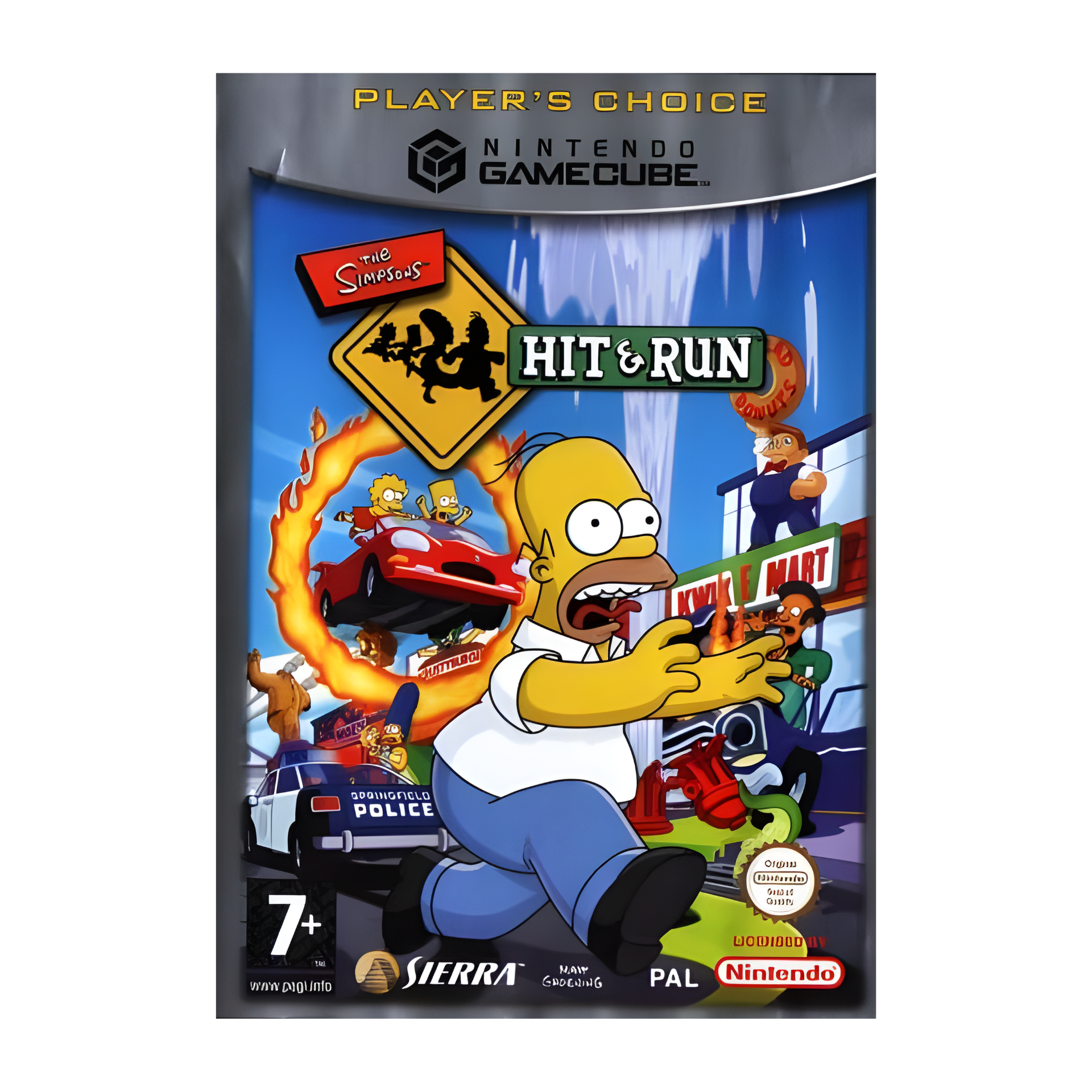 Cover art of The Simpsons: Hit & Run showing Homer driving through Springfield with explosions and characters like Bart and Marge in the background.