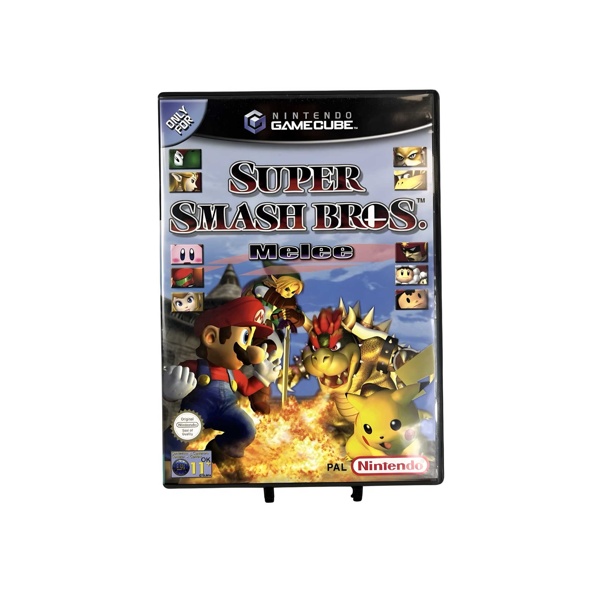 Image of Super Smash Bros. Melee Nintendo GameCube cover showing multiple Nintendo characters like Mario, Link, Pikachu, and Samus in a dynamic battle scene.