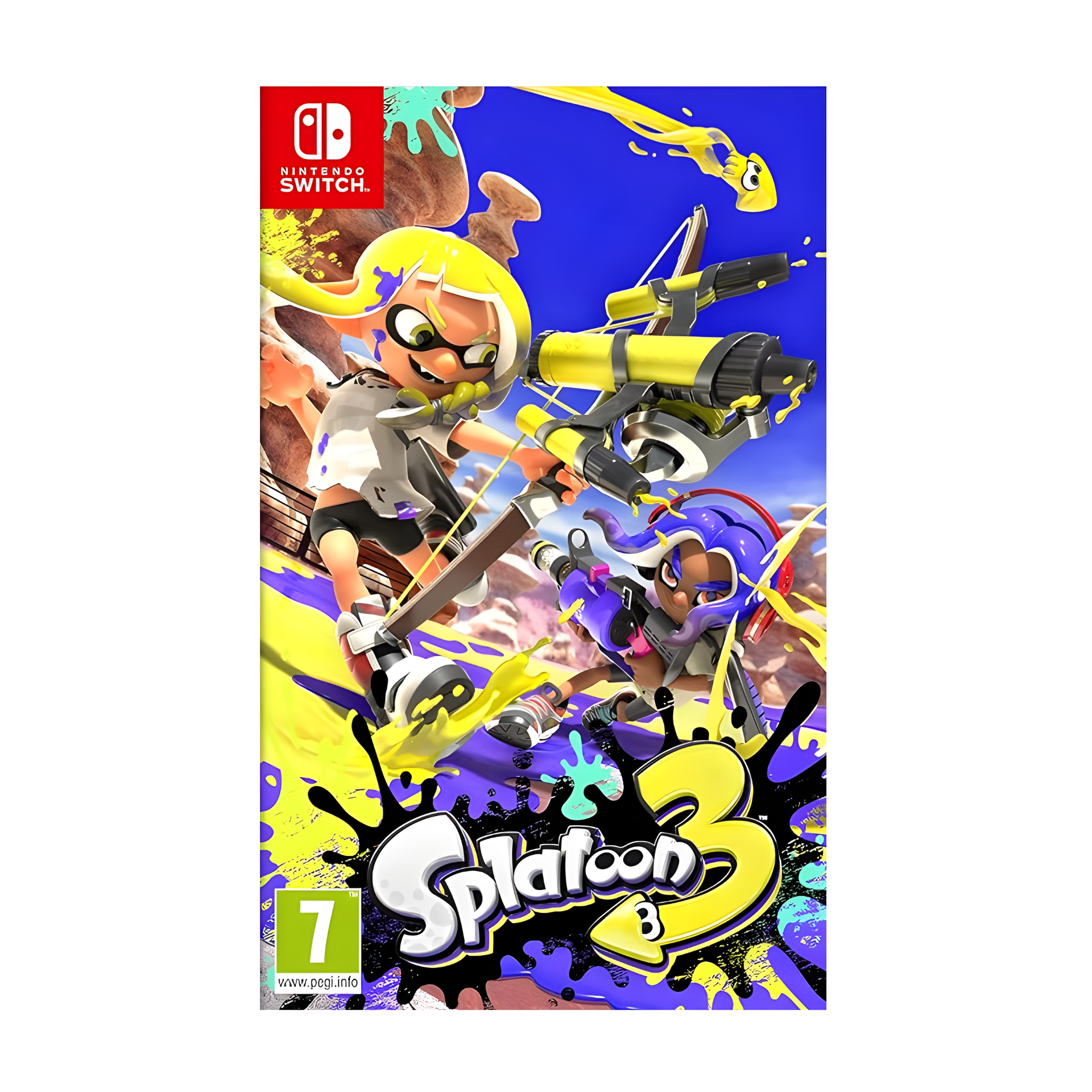 Cover art of Splatoon 3 showing Inklings and Octolings in action-packed ink battles with vibrant colors, new weapons, and desert city Splatsville in the background.