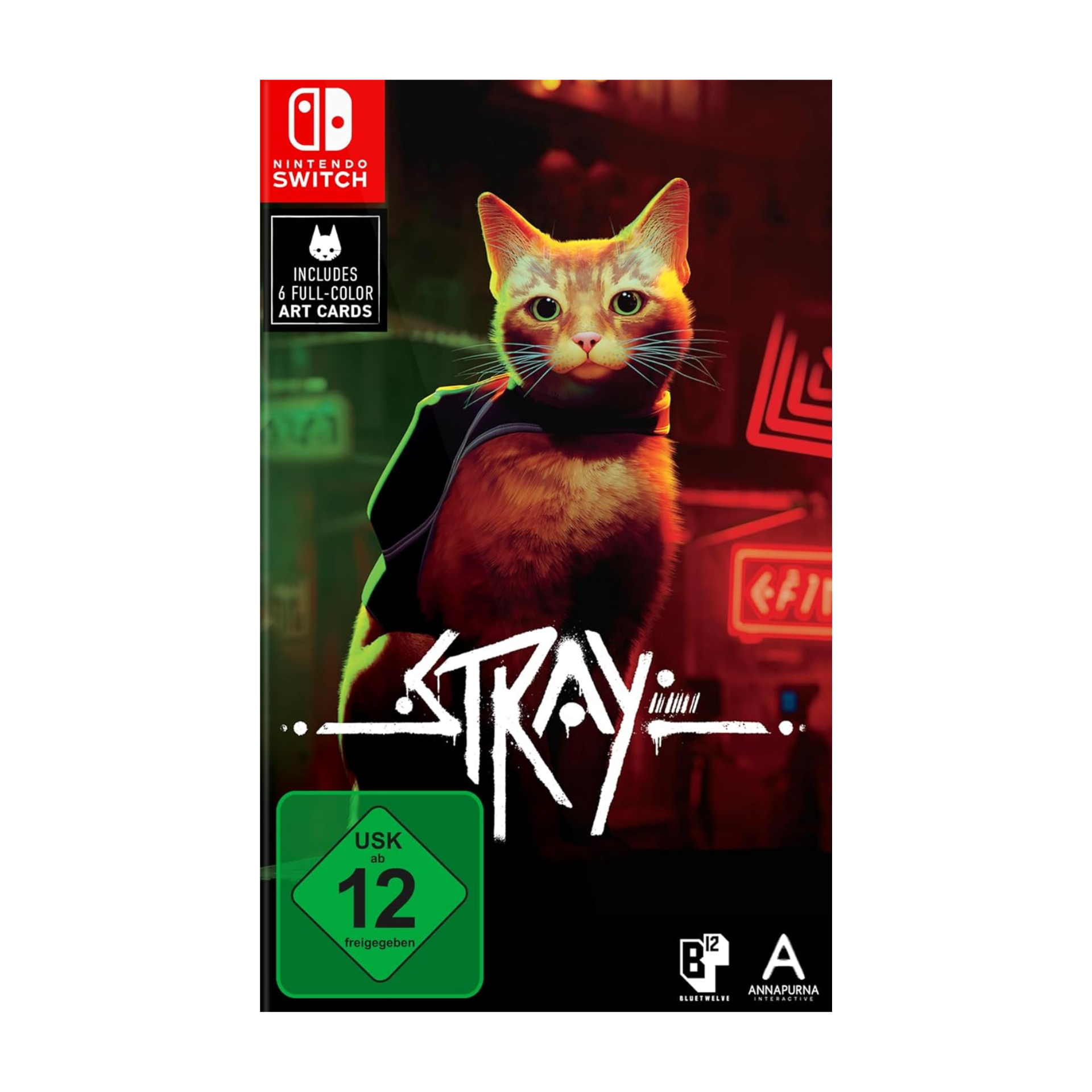 Stray Nintendo Switch game cover shown. Adventure game featuring a stray cat exploring a futuristic city with puzzle-solving and stealth gameplay. Immersive, narrative-driven experience optimized for portable play.