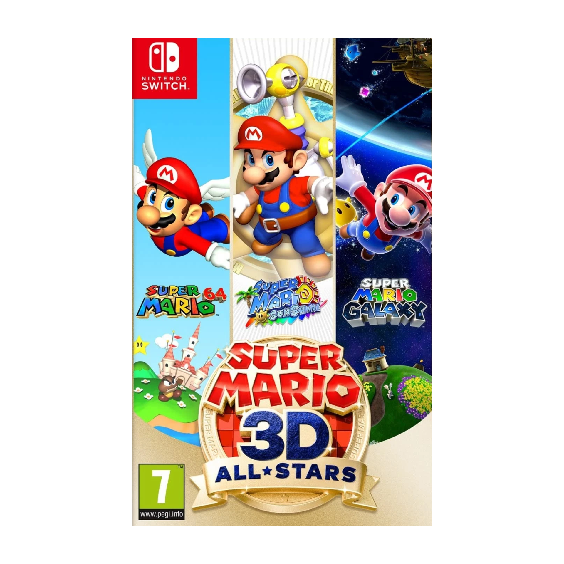 Super Mario 3D All Stars Nintendo Switch game cover shown. Compilation featuring Super Mario 64, Super Mario Sunshine, and Super Mario Galaxy with remastered graphics and improved controls. Classic 3D platforming collection for fans and skilled players.