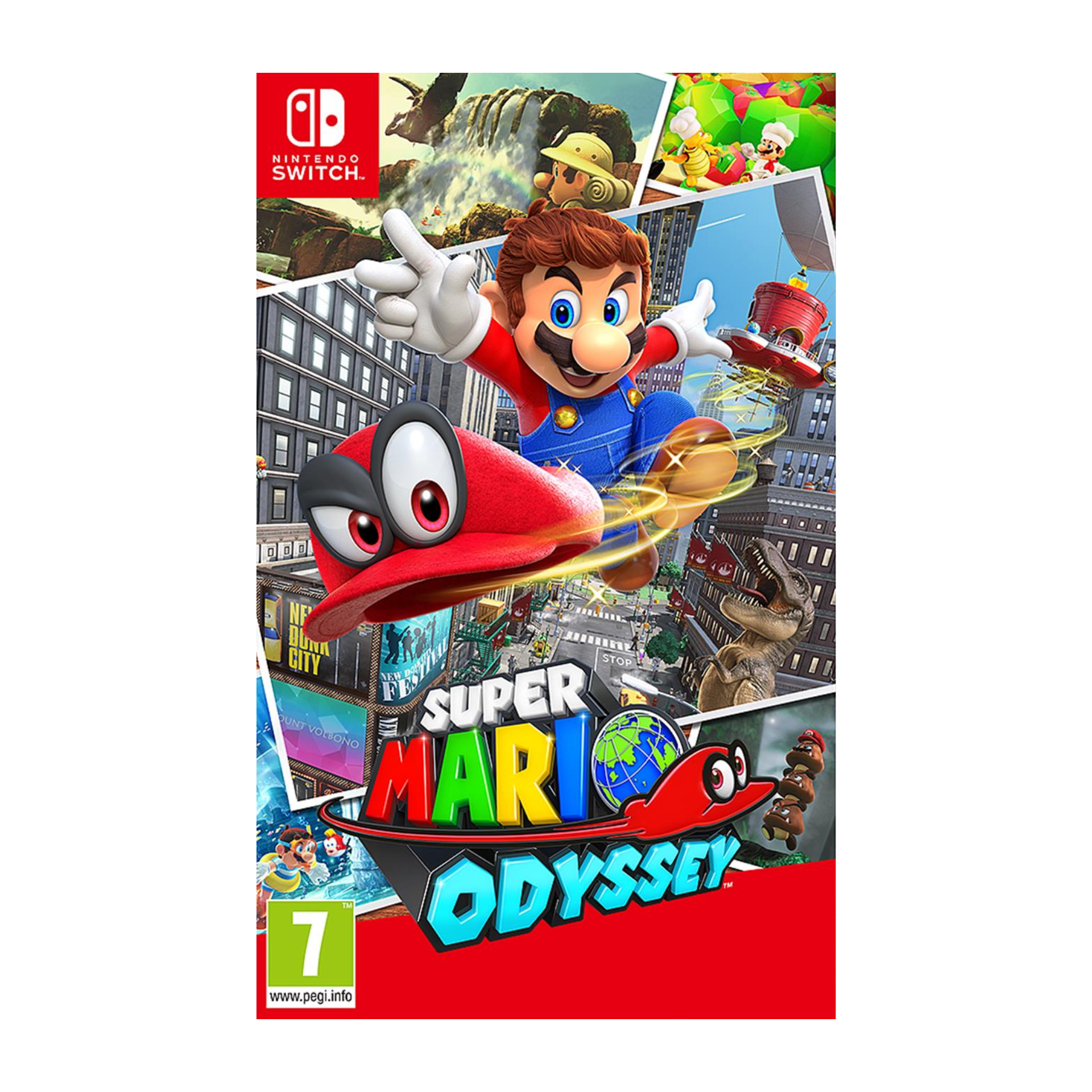 Super Mario Odyssey Nintendo Switch game cover shown. Platformer featuring Mario exploring vibrant worlds, discovering secrets, and using new abilities. Fun and engaging adventure for all players.