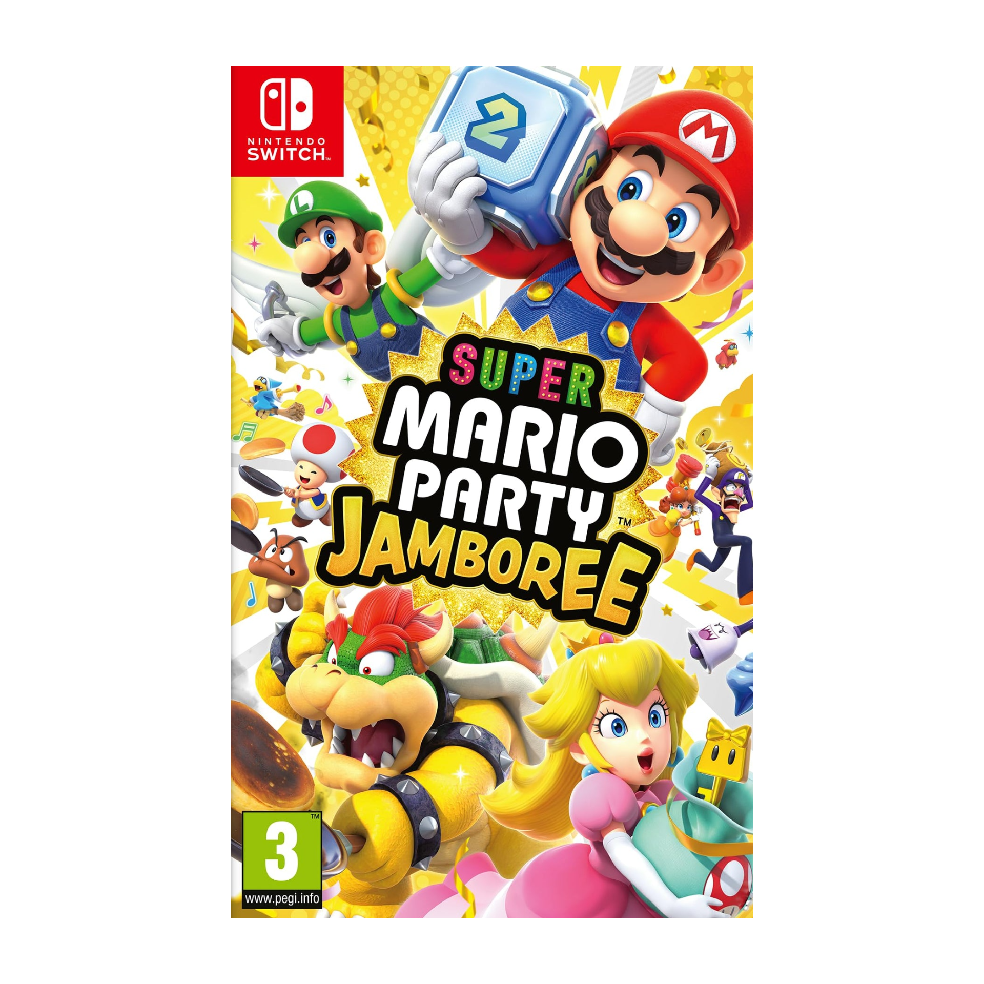 Super Mario Party Jamboree Nintendo Switch game cover shown. Party game featuring classic board mechanics, diverse mini-games, multiplayer competition, and character interactions. Fun and engaging for casual and dedicated players.