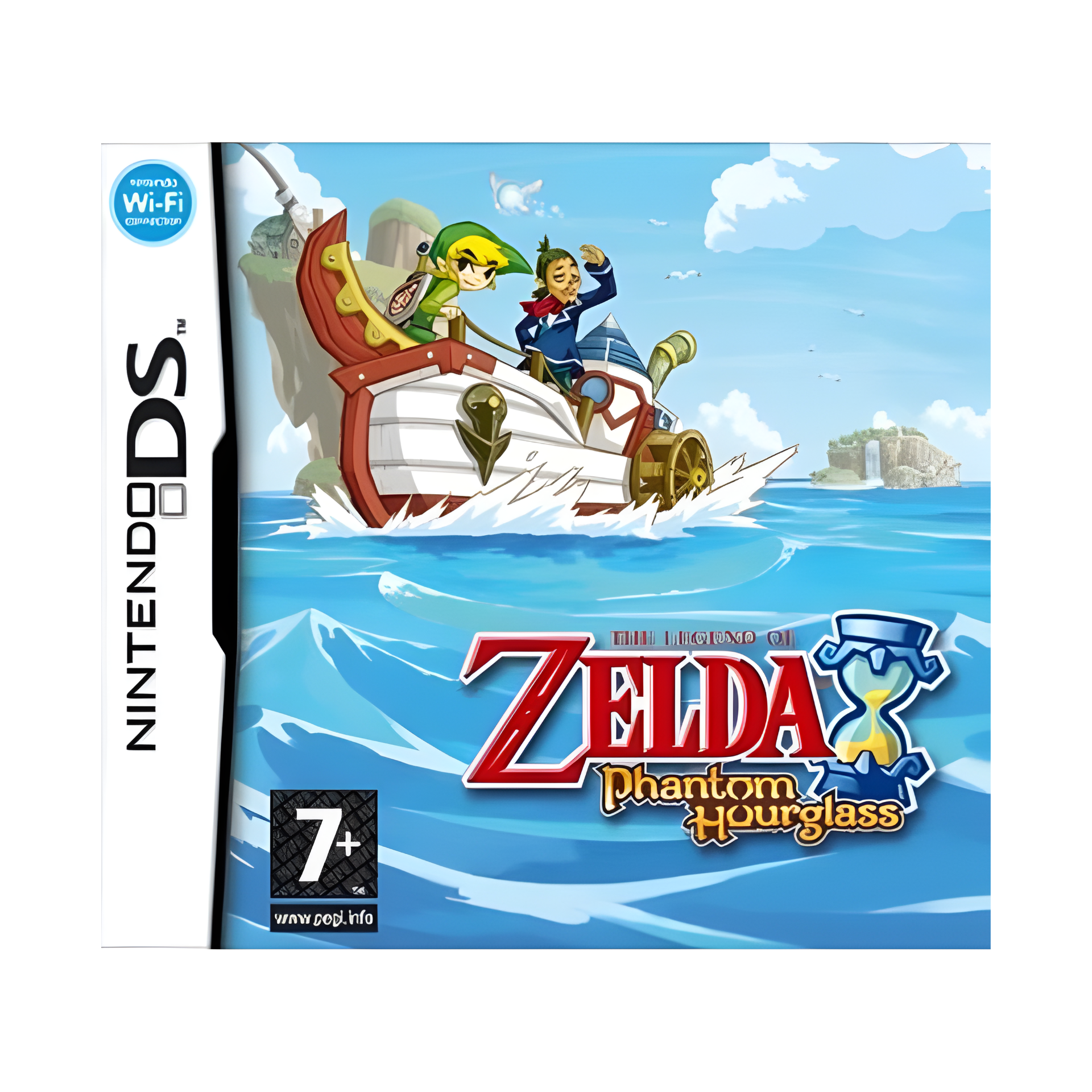 The Legend of Zelda: Phantom Hourglass Nintendo DS cover showing Link and Tetra aboard a ship sailing through the sea, with a treasure map and ocean background.