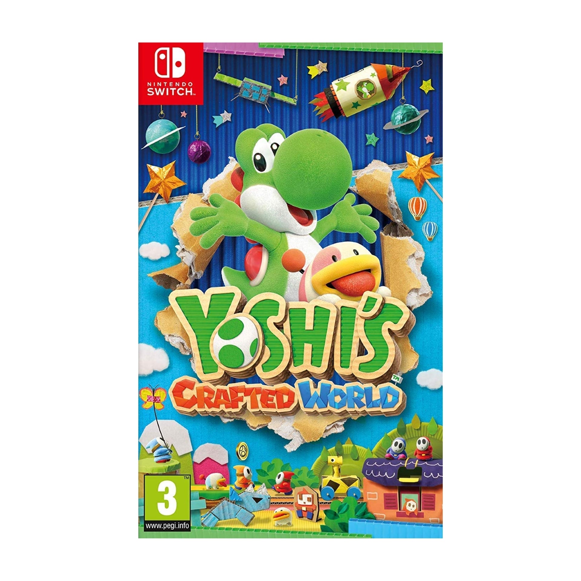 Yoshi's Crafted World Nintendo Switch game cover shown. Platformer featuring diorama-style levels, puzzle-solving, stage-flipping mechanics, and charming visuals. Engaging and creative adventure for players of all ages.
