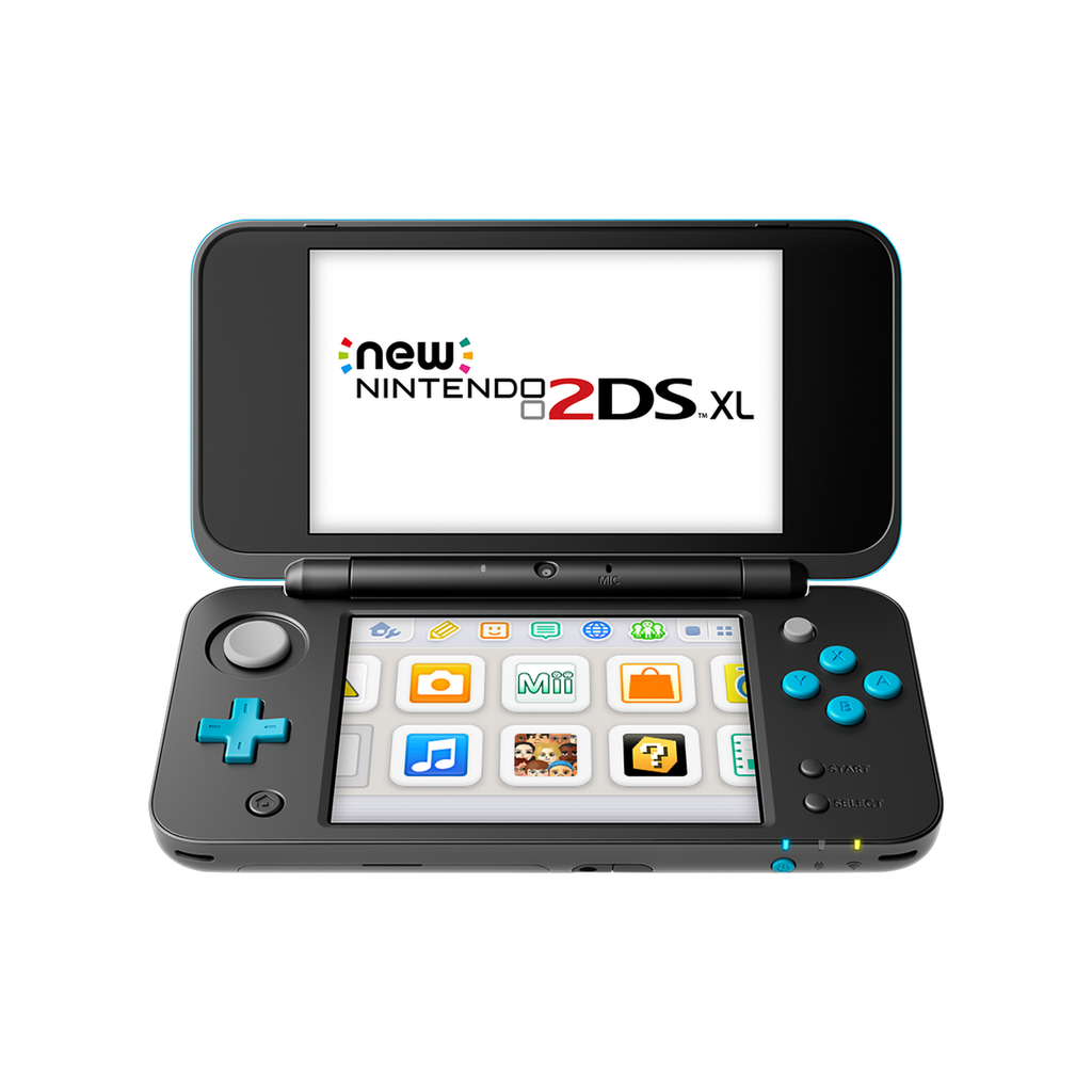 New Nintendo 2DS XL Black and Blue handheld console open on display, showing dual large screens and clamshell design. Sleek and lightweight system for 3DS and DS games in 2D.