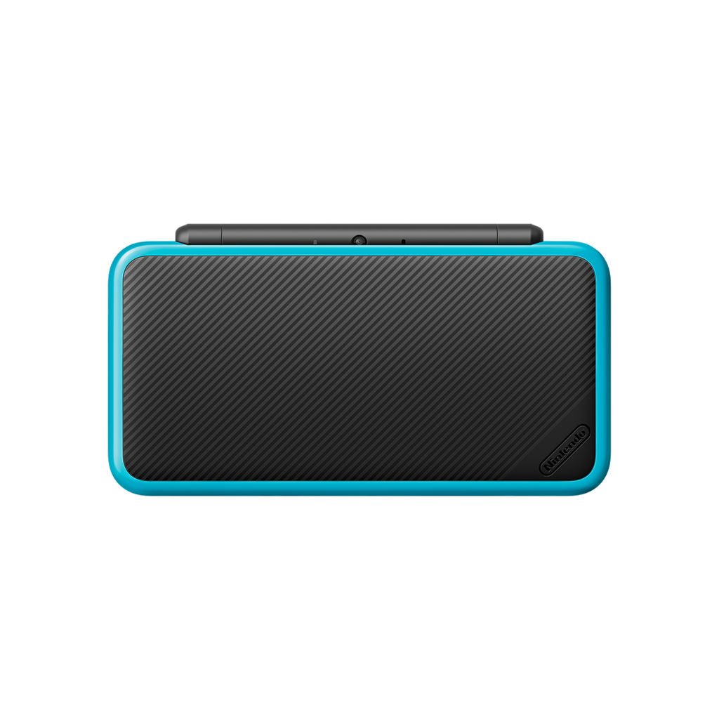 New Nintendo 2DS XL Black and Blue handheld console open on display, showing dual large screens and clamshell design. Sleek and lightweight system for 3DS and DS games in 2D.