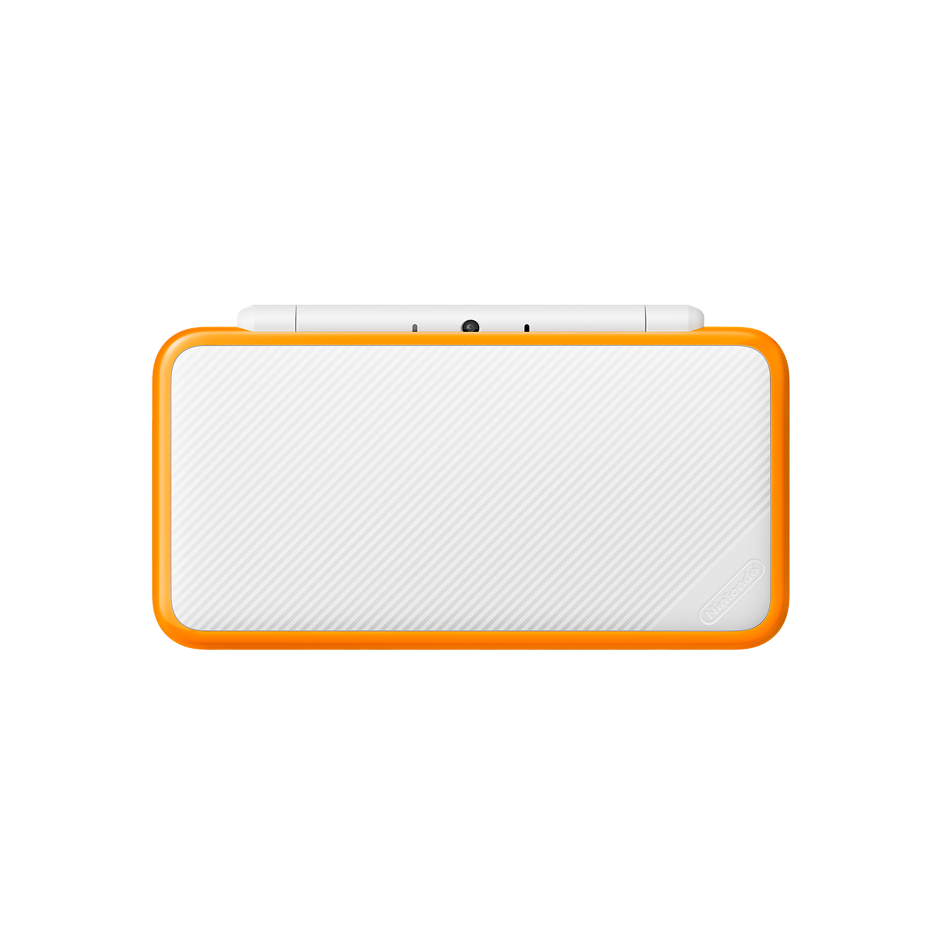 New Nintendo 2DS XL White and Orange handheld console open on display, showing dual screens and clamshell design. Stylish, lightweight gaming system for 3DS and DS games in 2D.