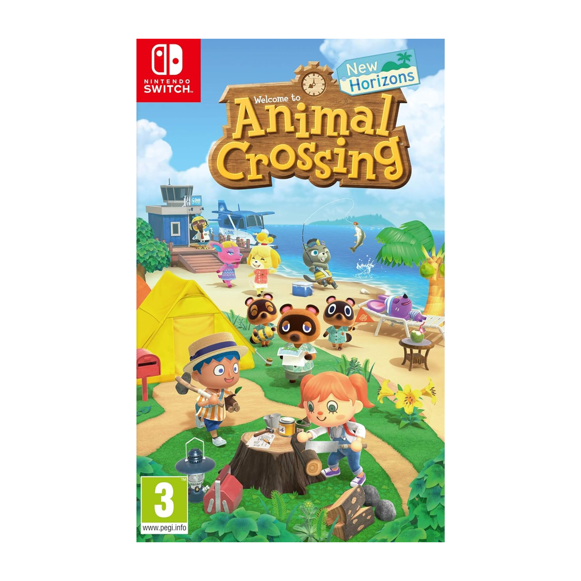 Animal Crossing: New Horizons Nintendo Switch game cover shown. Life simulation game featuring island customization, building, decorating, and interacting with animal villagers. Supports online play and creative exploration.