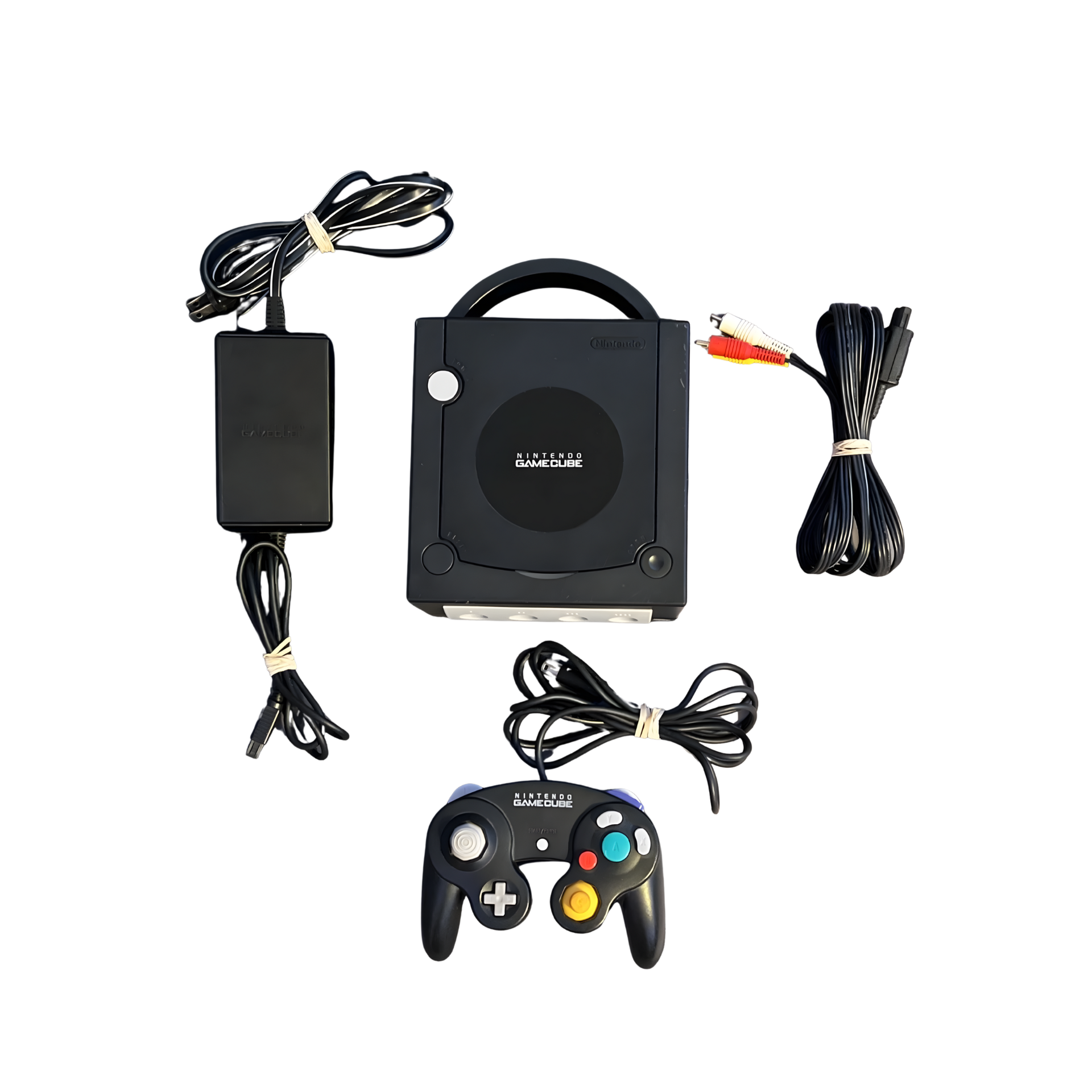 Image of Nintendo GameCube Black Console featuring sleek black design, included controller and cables, and 480p graphics support for classic gaming experiences.