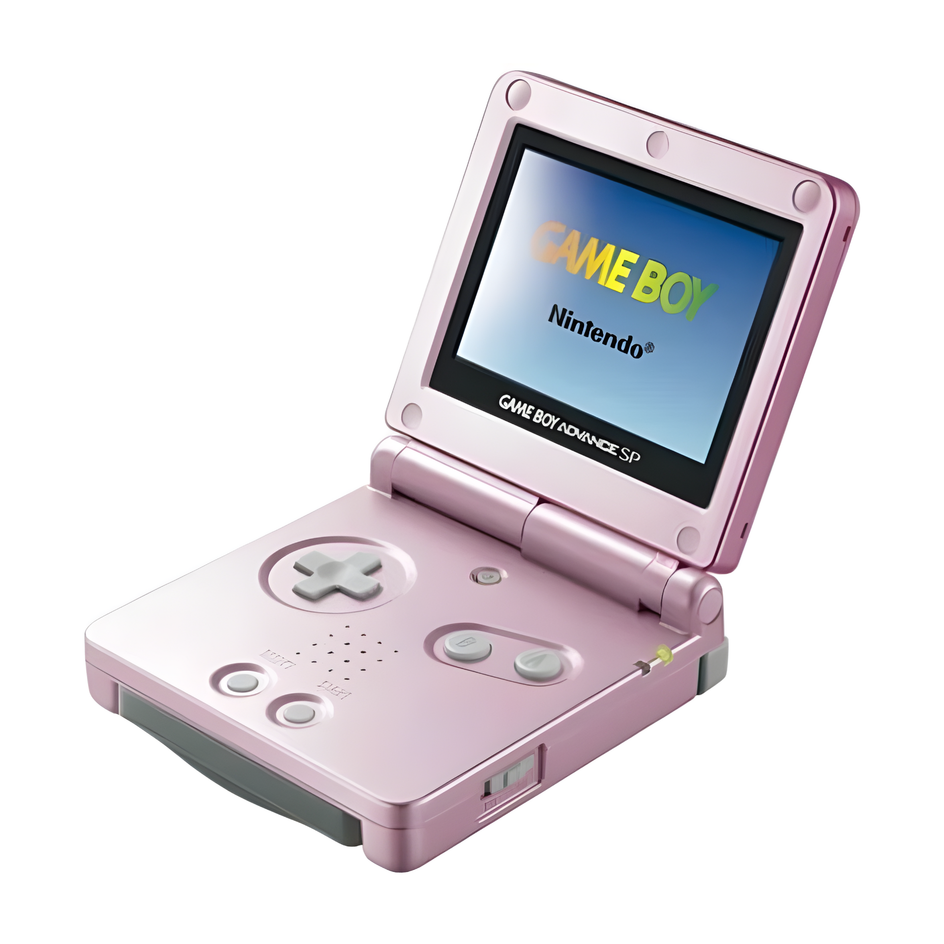 Image of Gameboy Advance SP Pink showing its clamshell design, bright front-lit screen, and compact build for portable classic gaming.