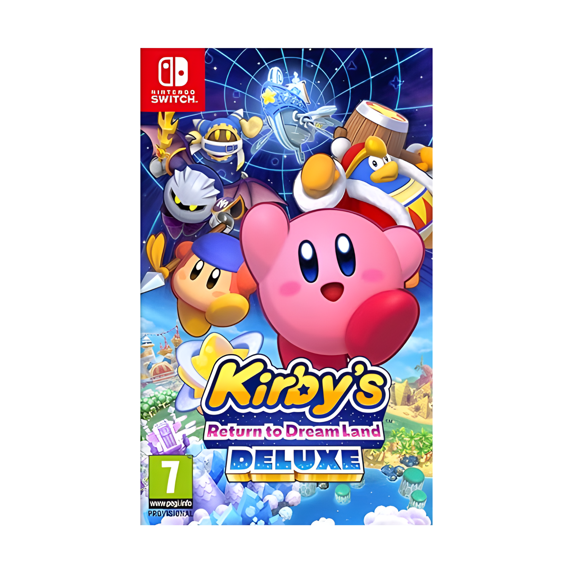 Cover art for Kirby’s Return to Dream Land Deluxe showing Kirby, Meta Knight, King Dedede, and Bandana Waddle Dee in a vibrant action scene on Planet Popstar, highlighting colorful visuals and 4-player gameplay.