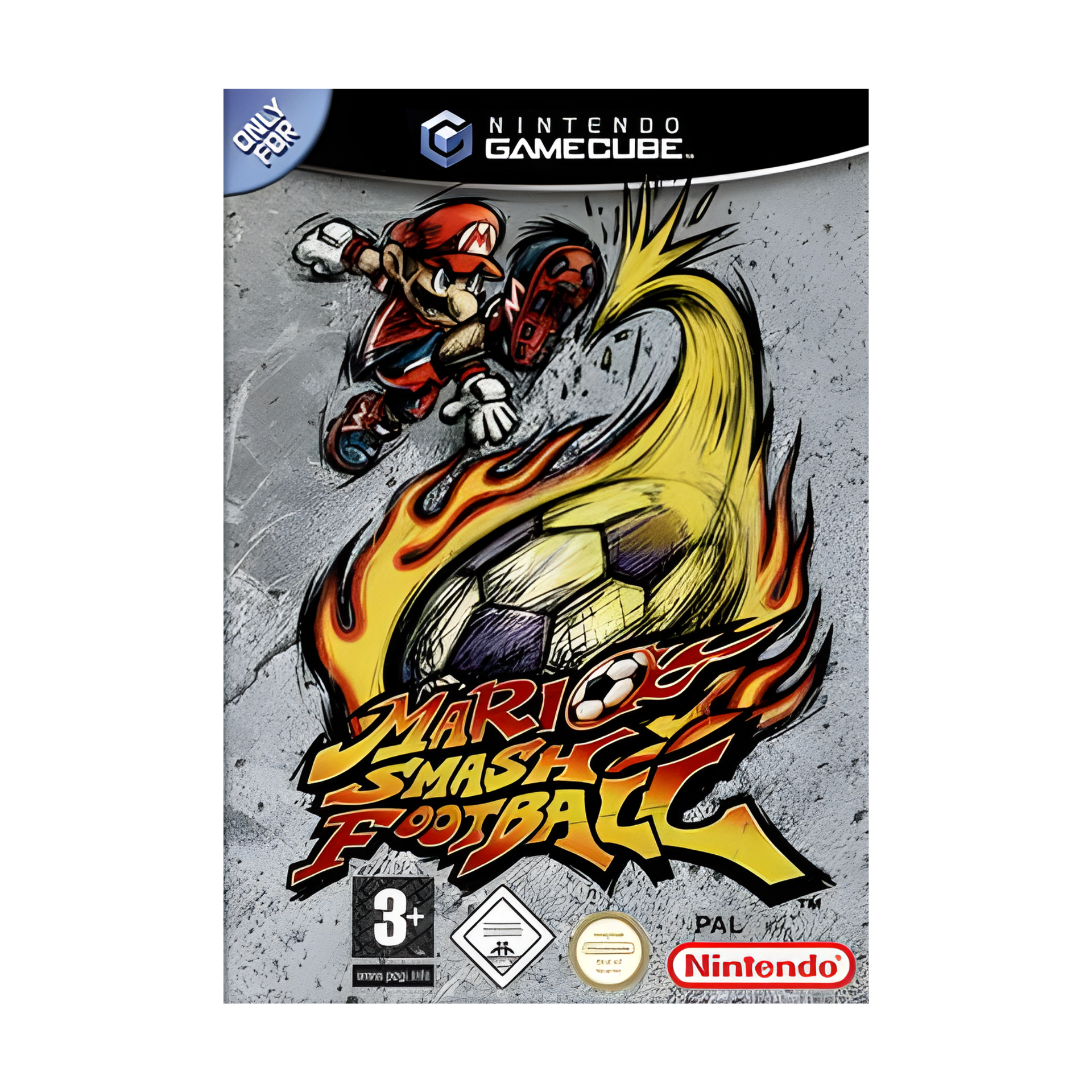 Cover art of Mario Smash Football featuring Mario kicking a flaming soccer ball surrounded by vibrant stadium lights and Mushroom Kingdom characters.