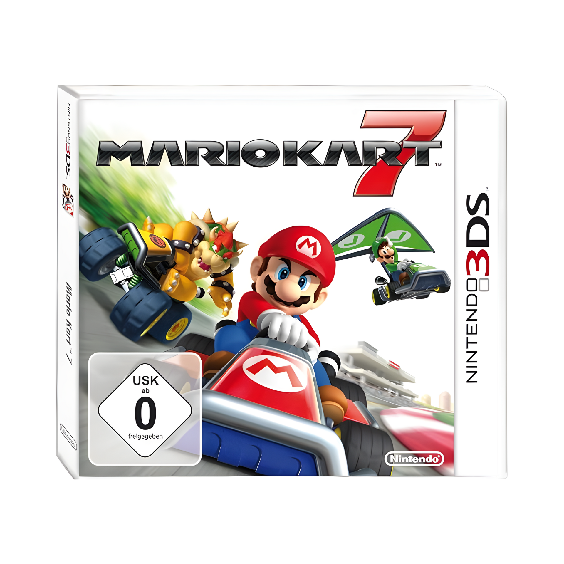 Cover art of Mario Kart 7 showing Mario racing in his red kart with a glider attachment, speeding alongside other Nintendo characters on colorful tracks.
